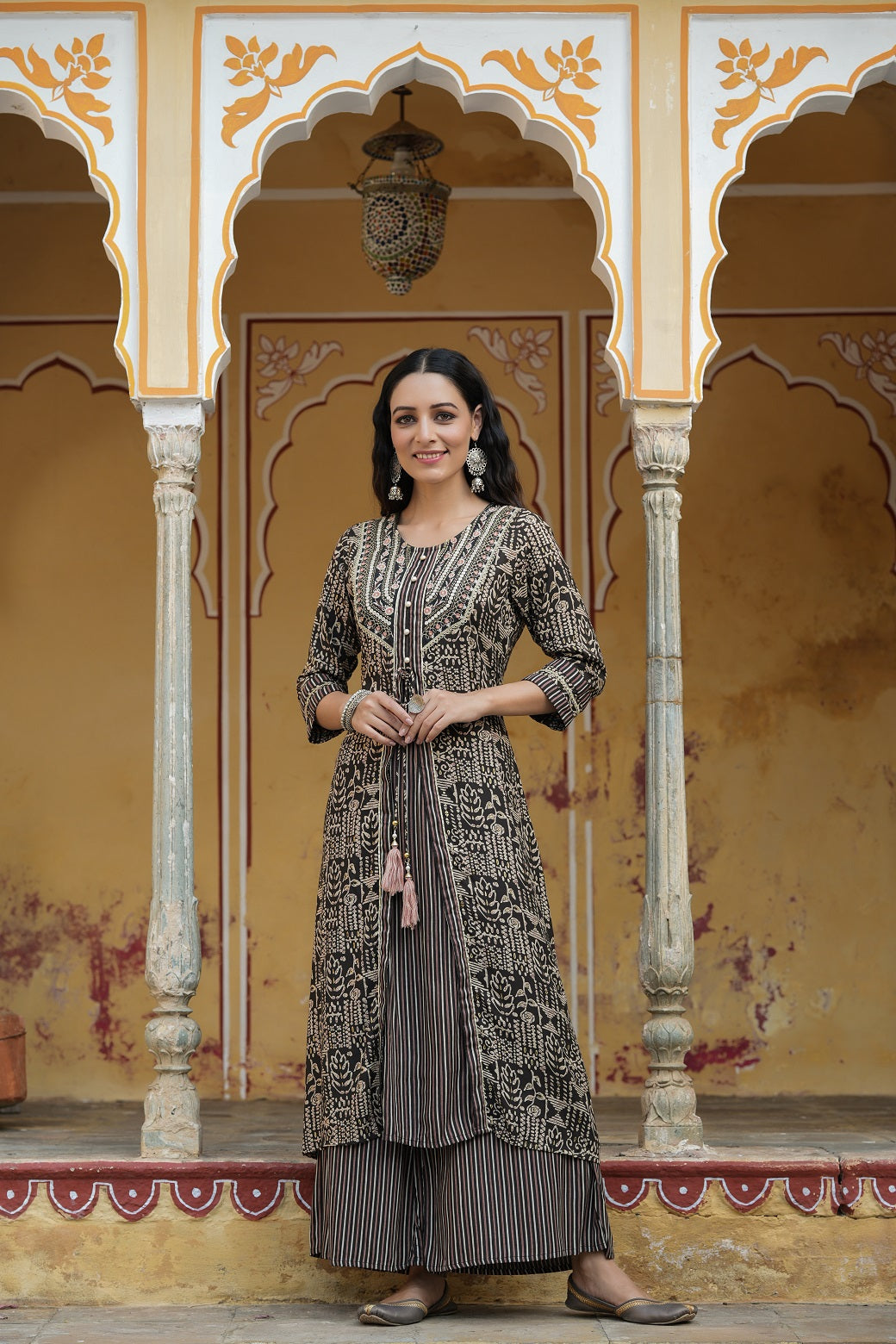Juniper Women`s Black LIVA Embroidered & Printed A-Line Kurta Sets