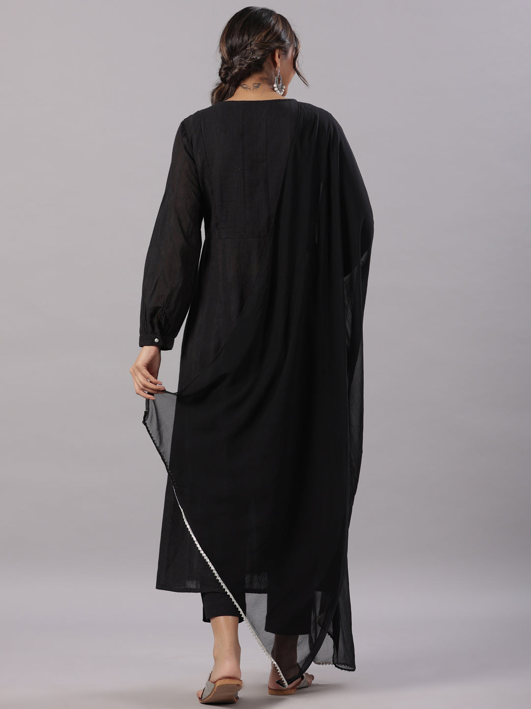 Juniper Women's Black Cotton Dobby Solid With Embroidery Flared Kurta, Trouser & Dupatta Sets