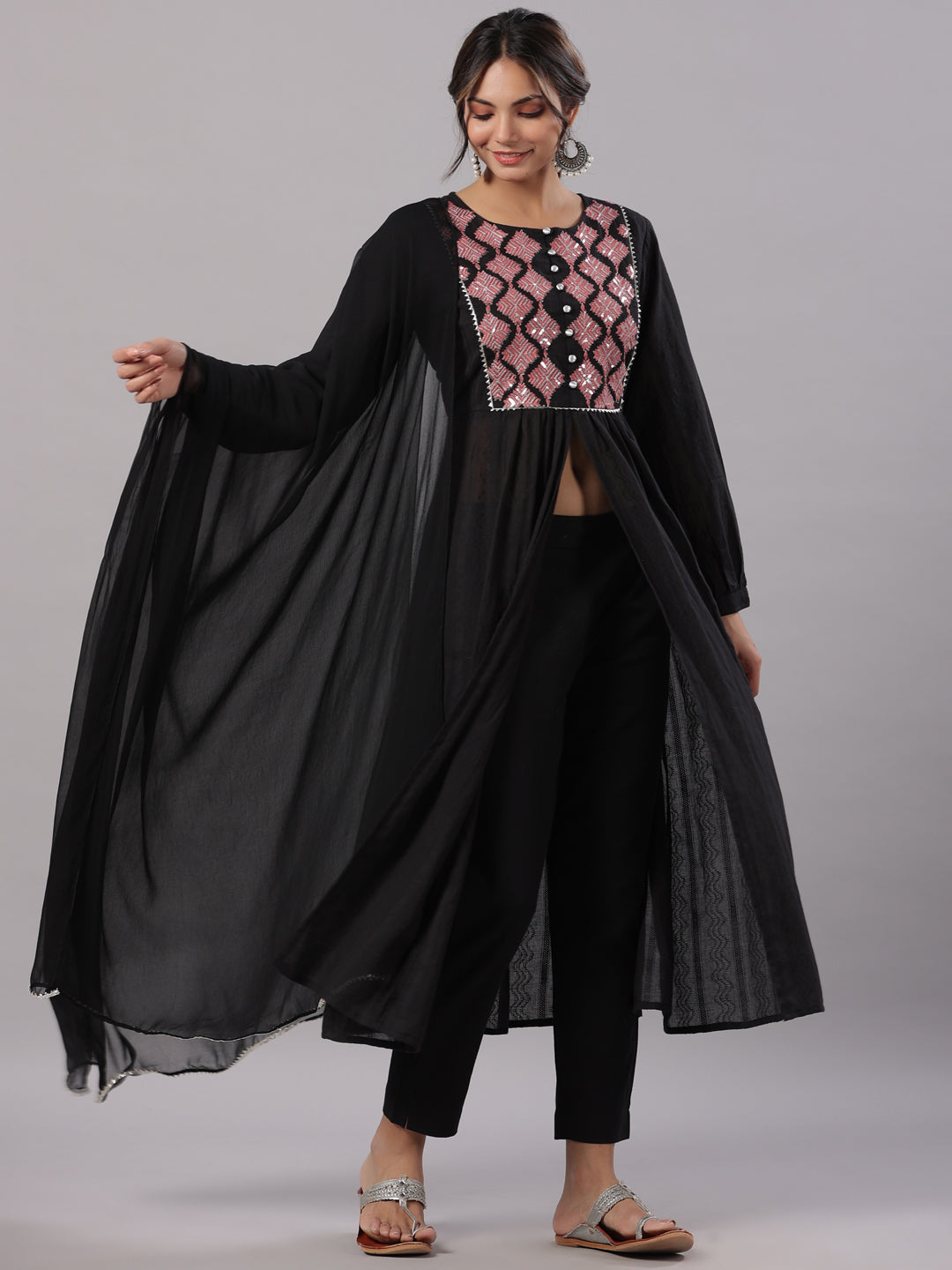 Juniper Women's Black Cotton Dobby Solid With Embroidery Flared Kurta, Trouser & Dupatta Sets