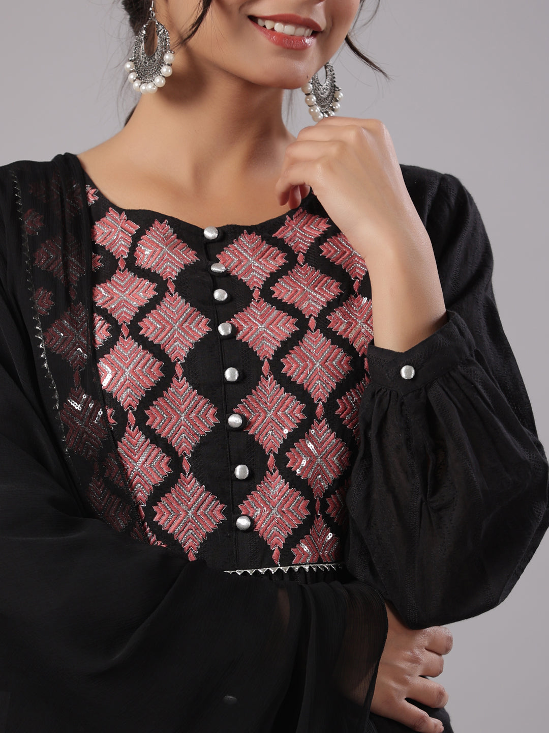 Juniper Women's Black Cotton Dobby Solid With Embroidery Flared Kurta, Trouser & Dupatta Sets
