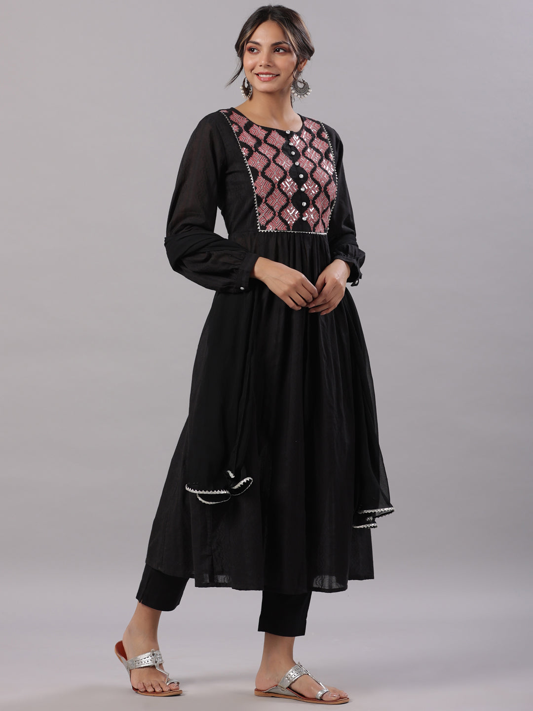 Juniper Women's Black Cotton Dobby Solid With Embroidery Flared Kurta, Trouser & Dupatta Sets