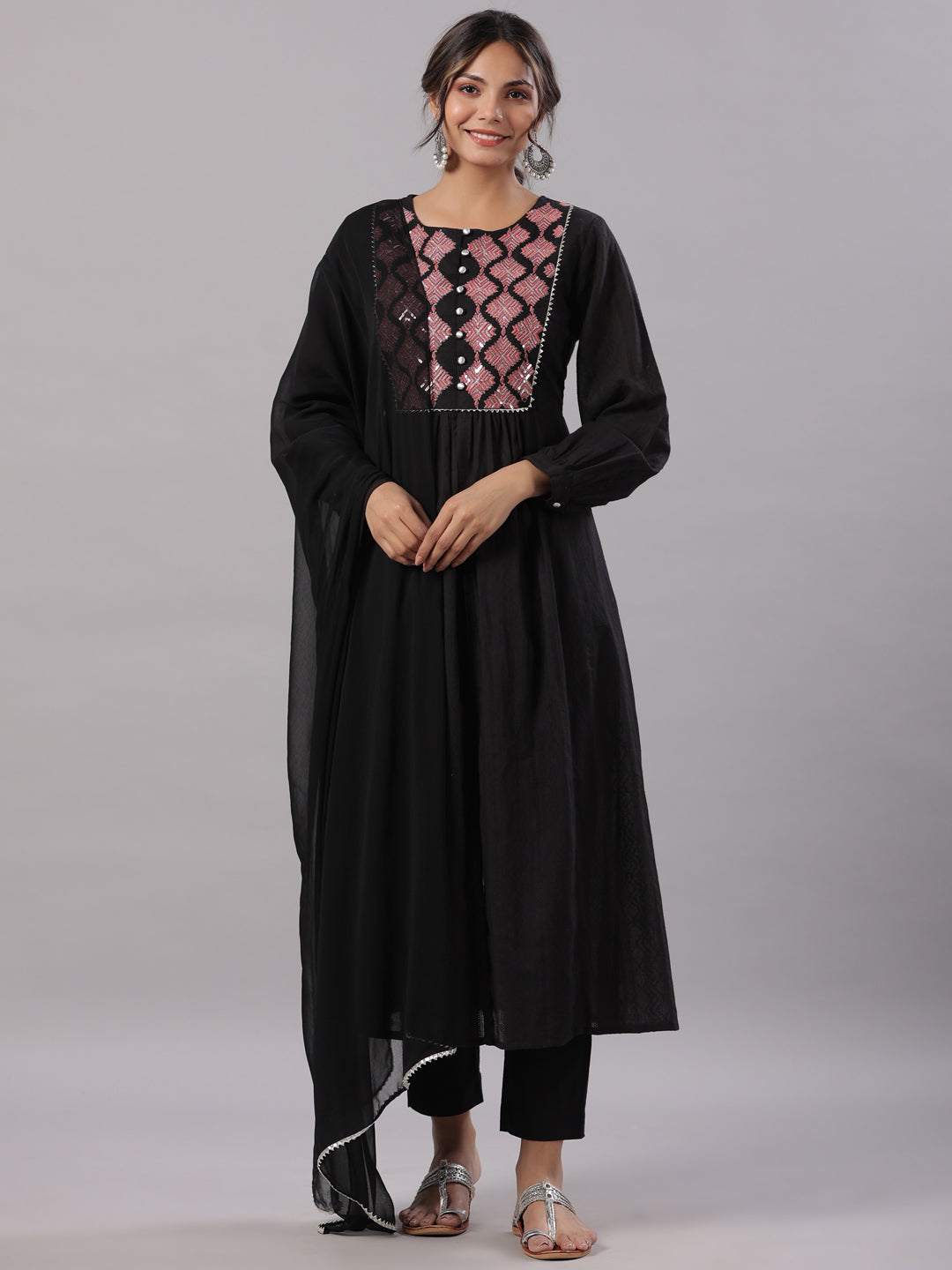 Juniper Women's Black Cotton Dobby Solid With Embroidery Flared Kurta, Trouser & Dupatta Sets