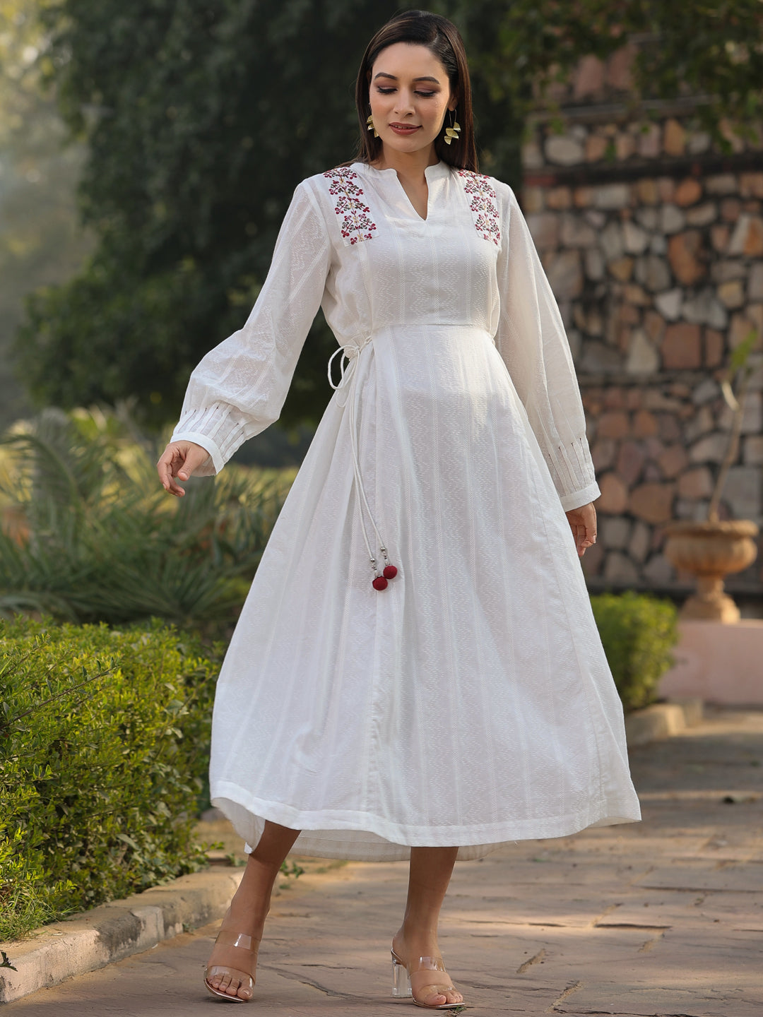Juniper Women Multi-Coloured Cotton Dobby Embroidered Flared Maxi Dress