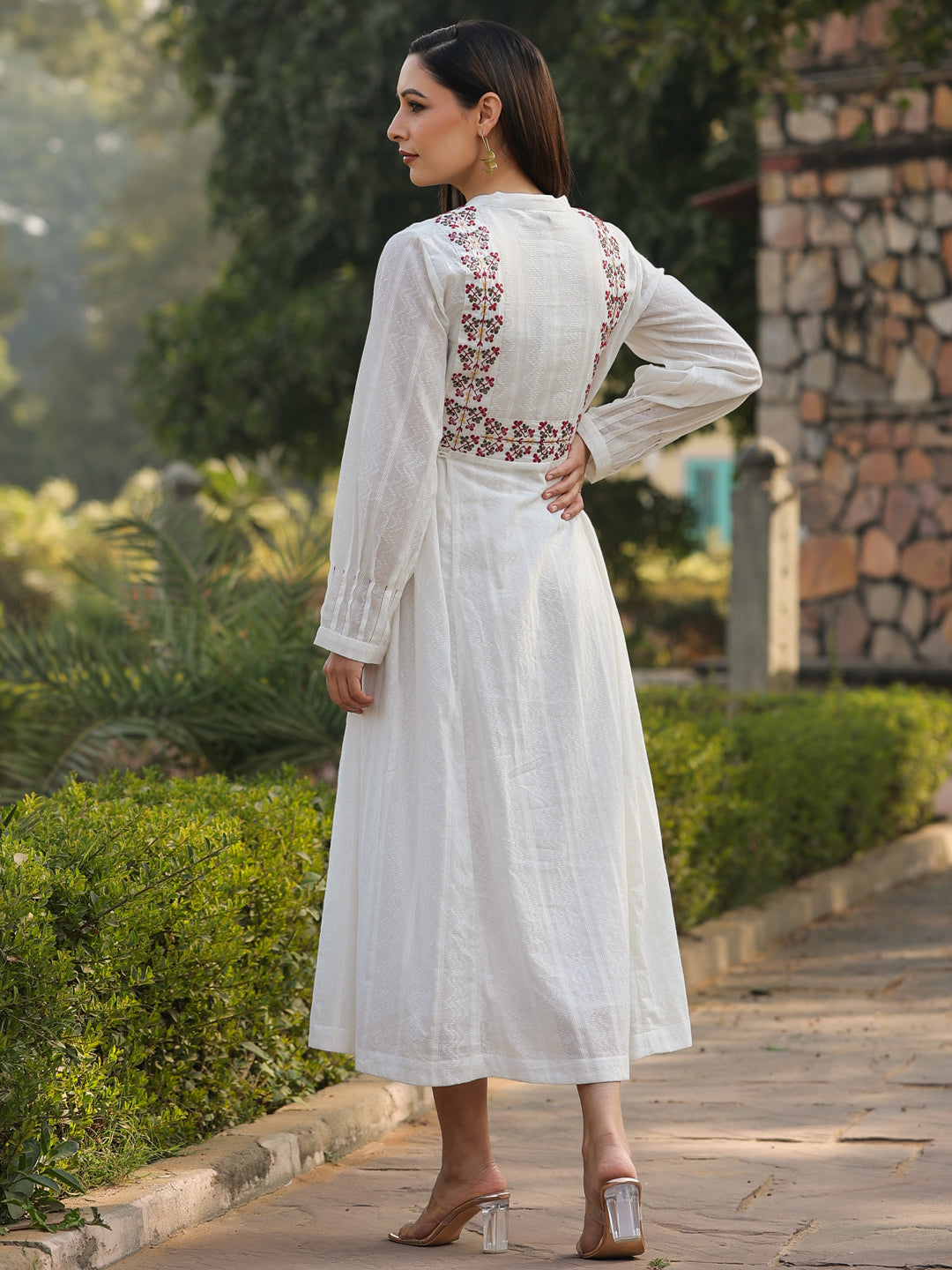 Juniper Women Multi-Coloured Cotton Dobby Embroidered Flared Maxi Dress