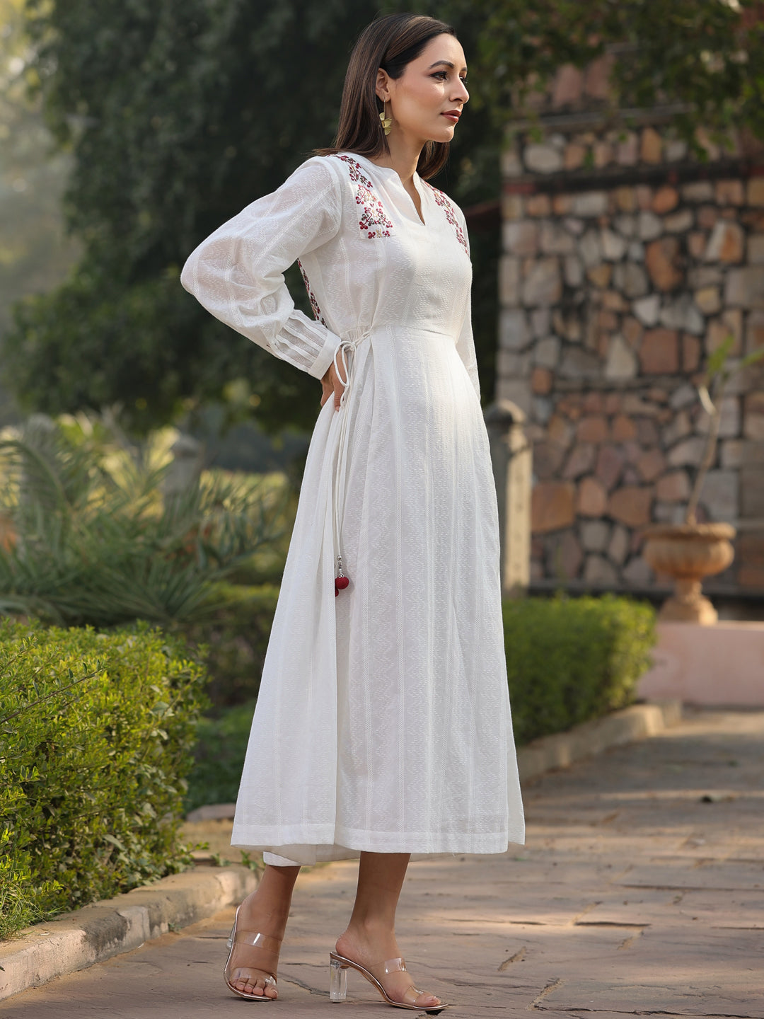 Juniper Women Multi-Coloured Cotton Dobby Embroidered Flared Maxi Dress