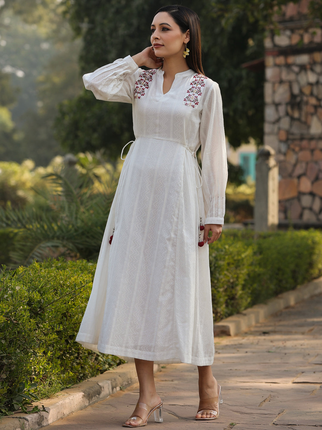 Juniper Women Multi-Coloured Cotton Dobby Embroidered Flared Maxi Dress