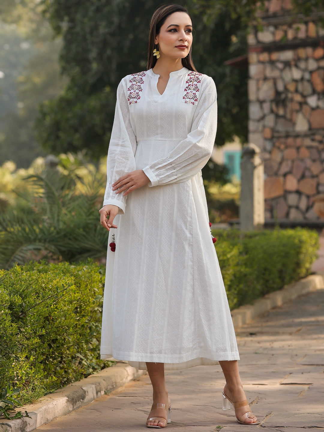 Juniper Women Multi-Coloured Cotton Dobby Embroidered Flared Maxi Dress