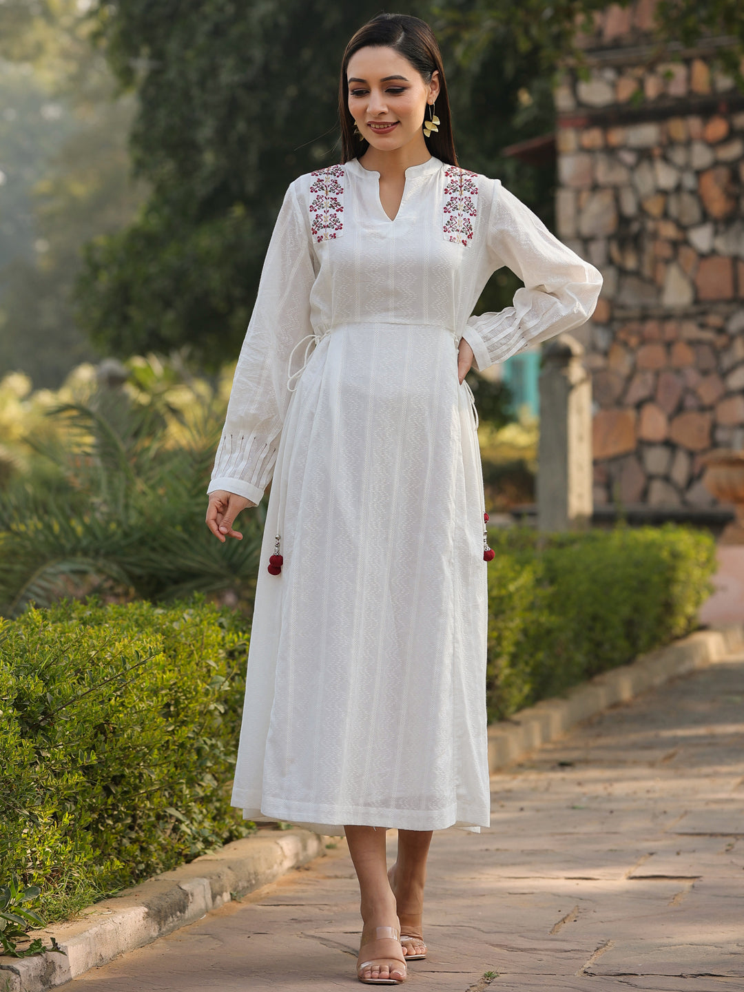 Juniper Women Multi-Coloured Cotton Dobby Embroidered Flared Maxi Dress