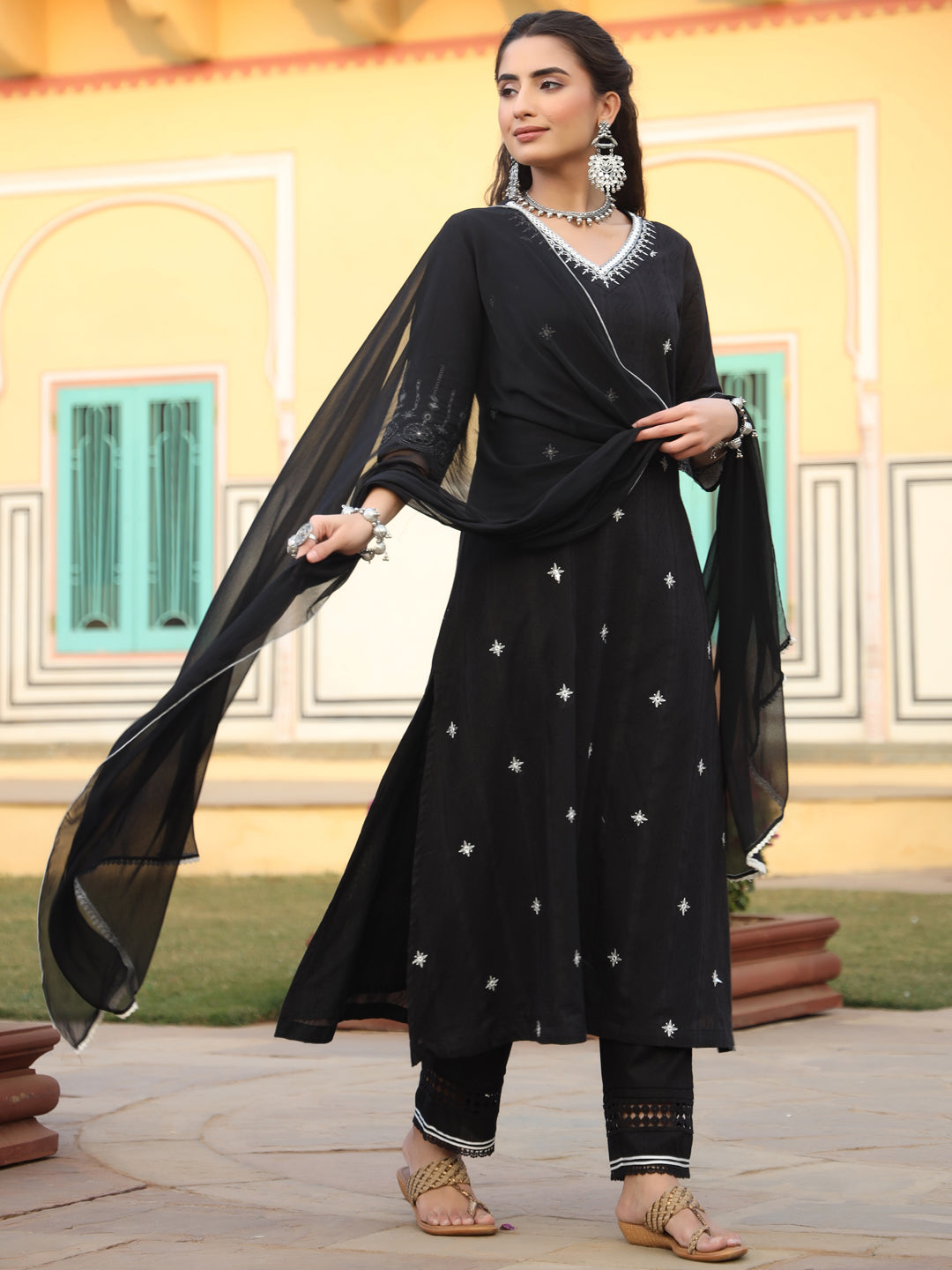 Juniper Women Black Cotton Dobby Embroidered Straight Kurta, Pant & Dupatta Set
