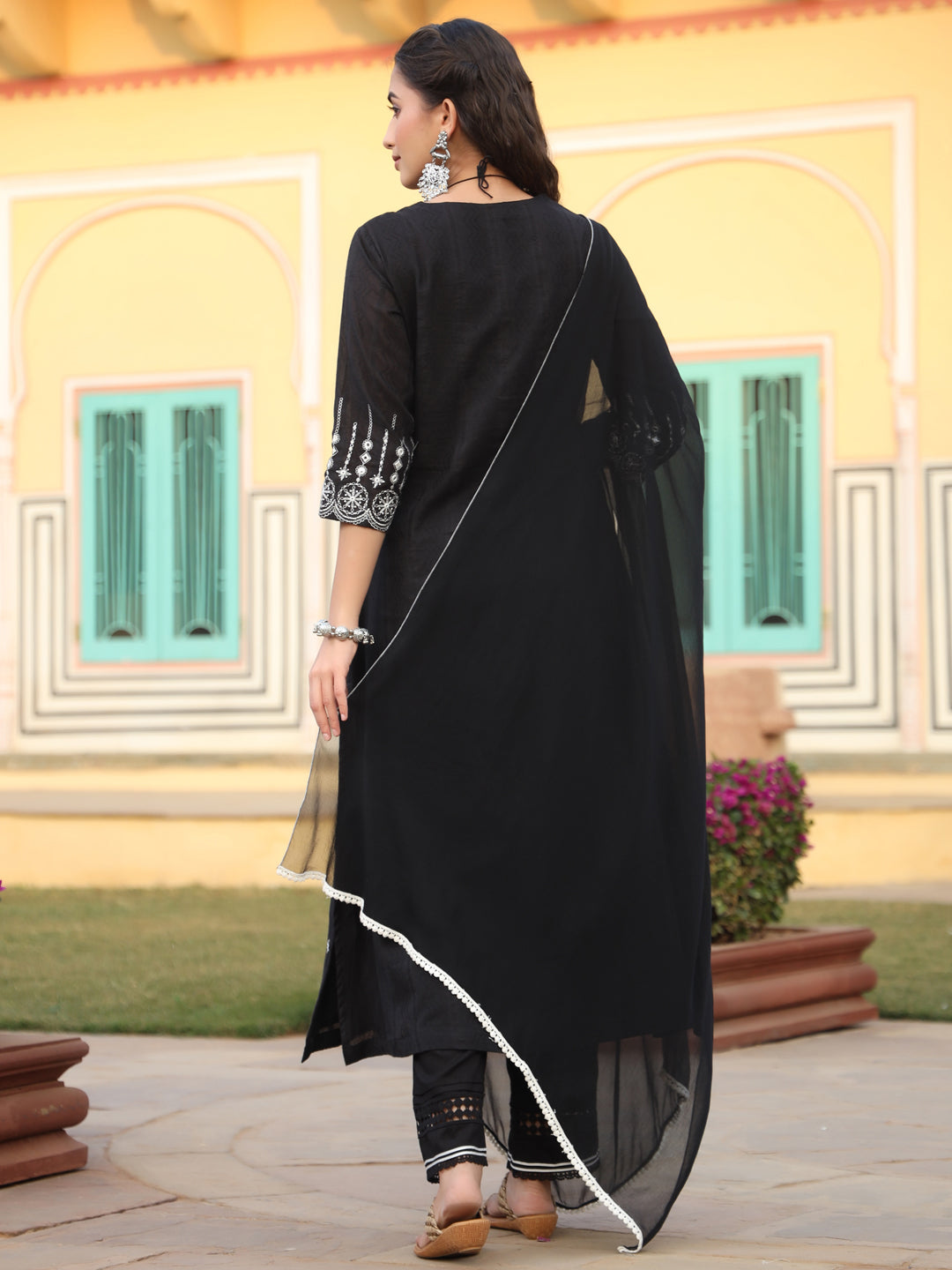 Juniper Women Black Cotton Dobby Embroidered Straight Kurta, Pant & Dupatta Set