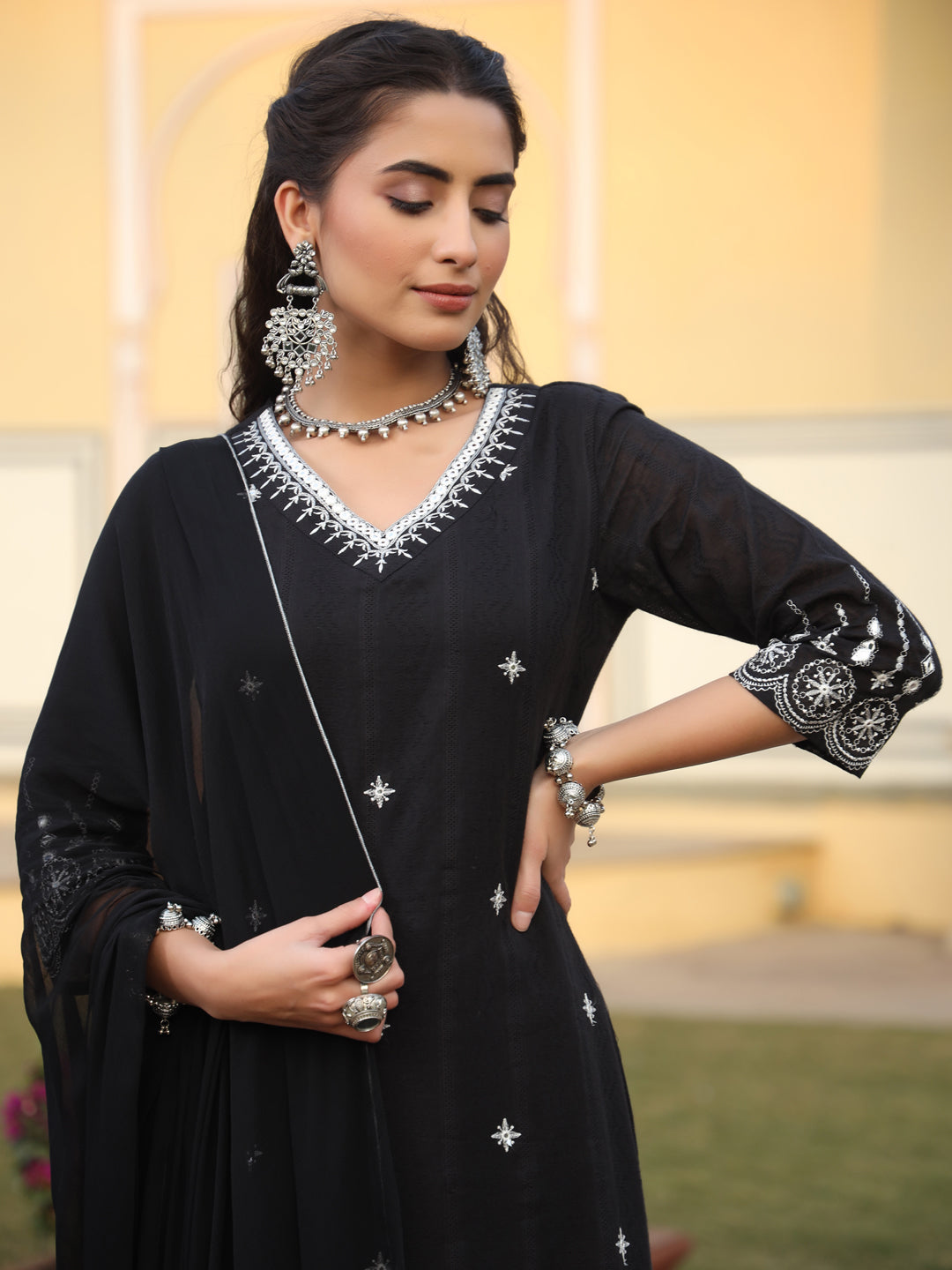 Juniper Women Black Cotton Dobby Embroidered Straight Kurta, Pant & Dupatta Set