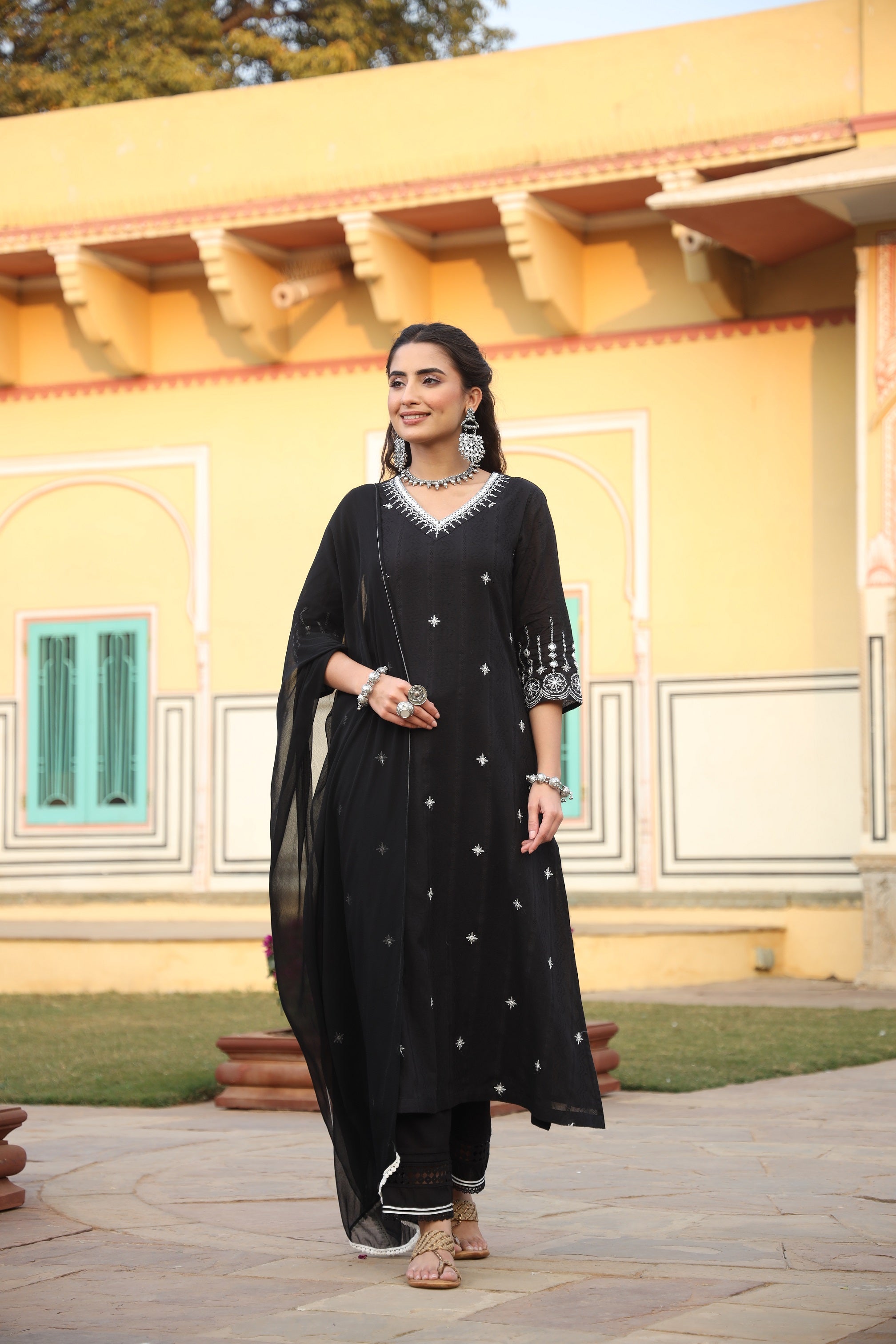 Juniper Women Black Cotton Dobby Embroidered Straight Kurta, Pant & Dupatta Set