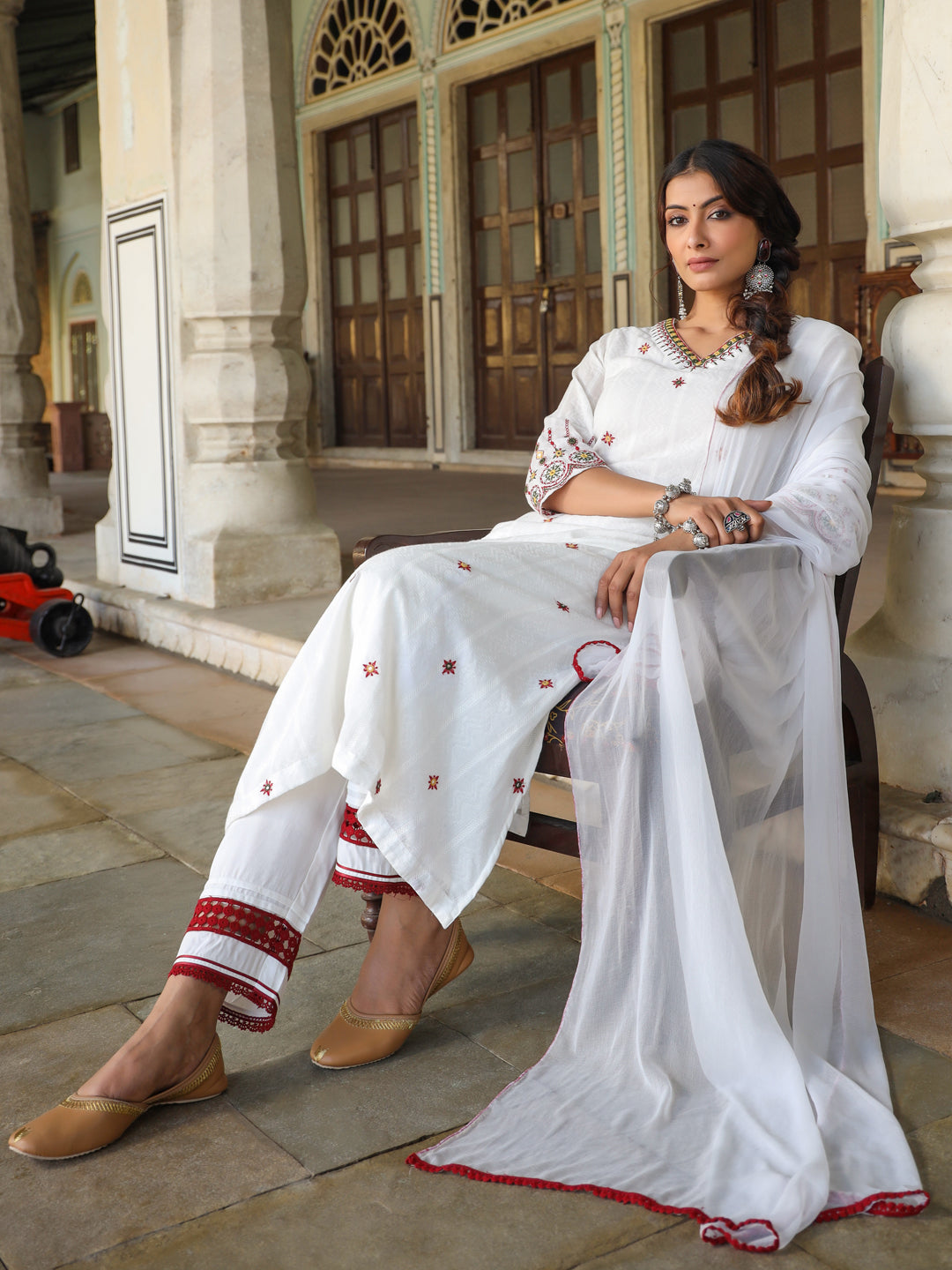 Juniper Women White Cotton Dobby Multi Color Embroidered Straight Kurta, Pant & Dupatta Set