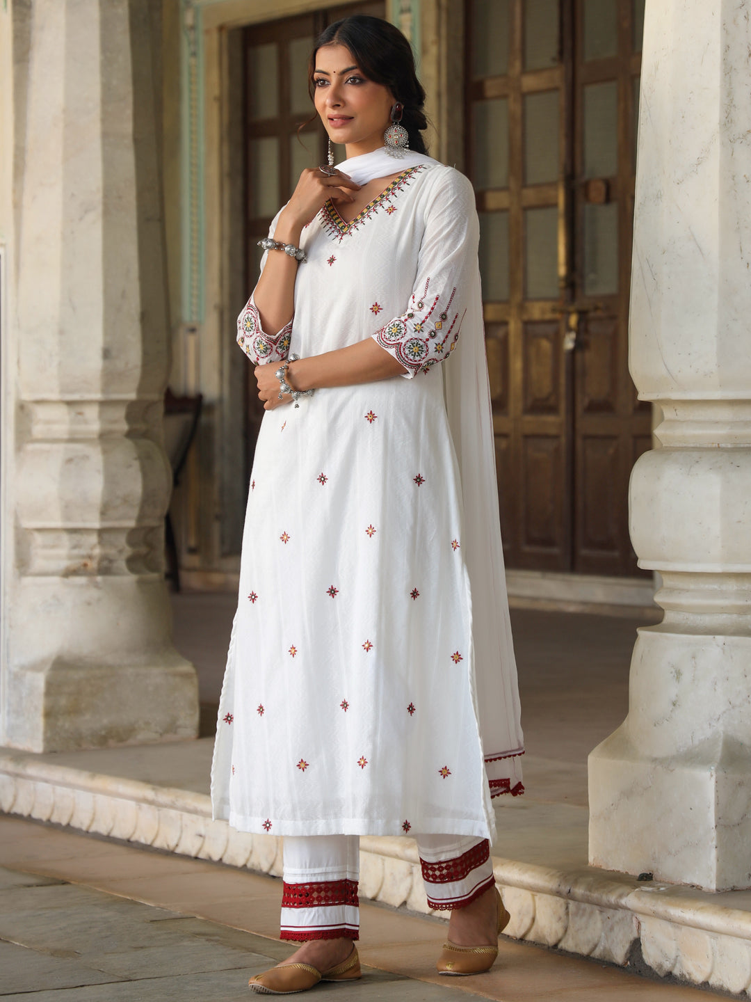 Juniper Women White Cotton Dobby Multi Color Embroidered Straight Kurta, Pant & Dupatta Set