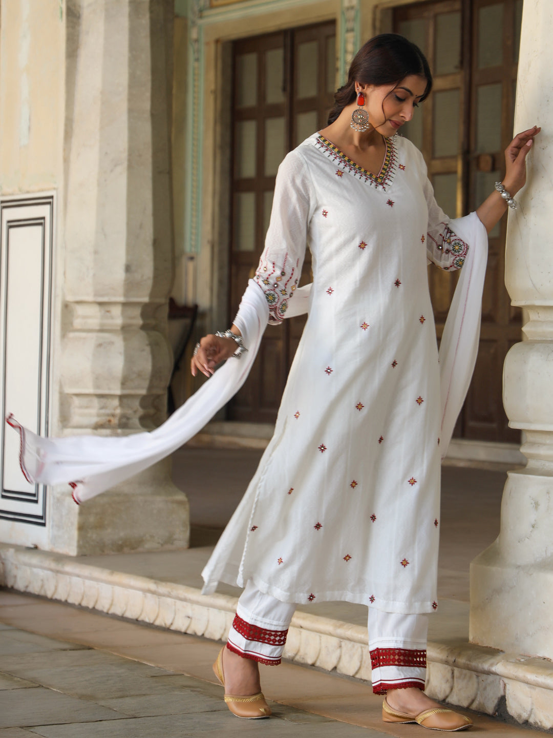 Juniper Women White Cotton Dobby Multi Color Embroidered Straight Kurta, Pant & Dupatta Set