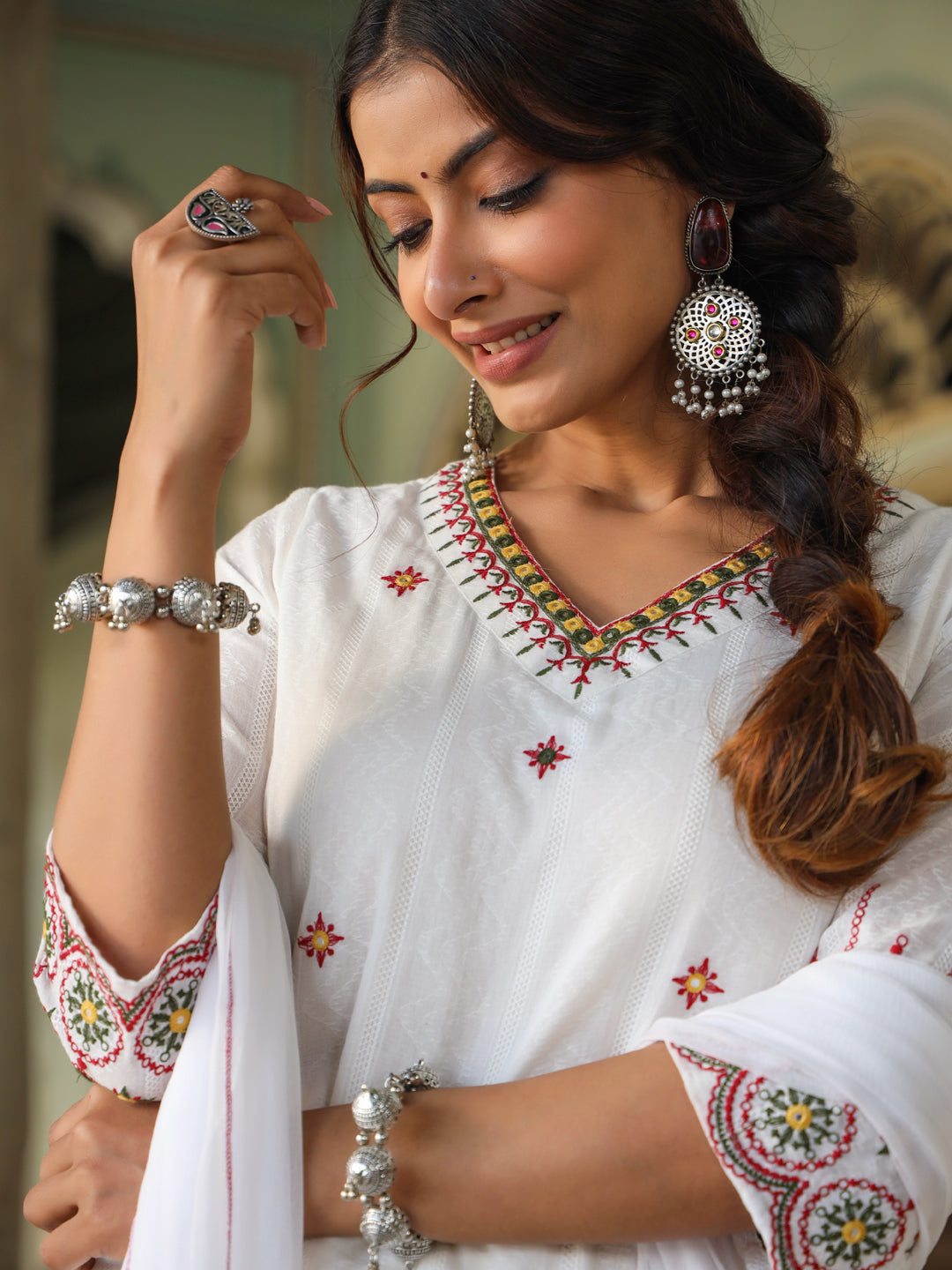 Juniper Women White Cotton Dobby Multi Color Embroidered Straight Kurta, Pant & Dupatta Set