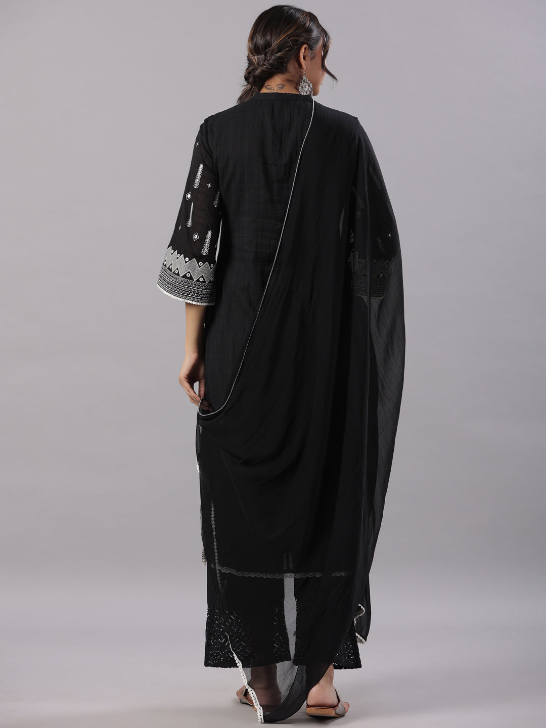 Juniper Women Black Cotton Dobby Embroidered Kurta, Pant & Dupatta Sets