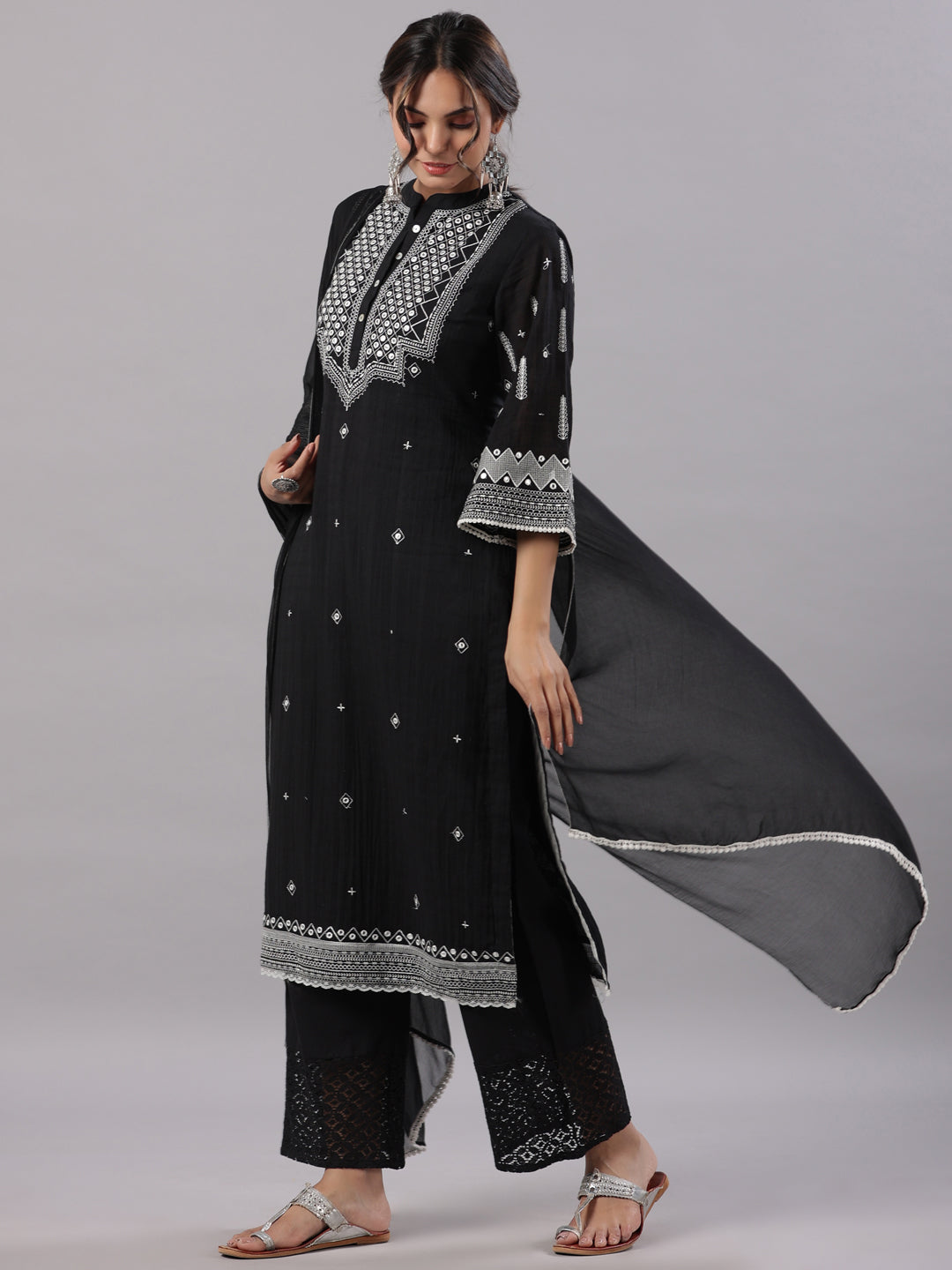 Juniper Women Black Cotton Dobby Embroidered Kurta, Pant & Dupatta Sets