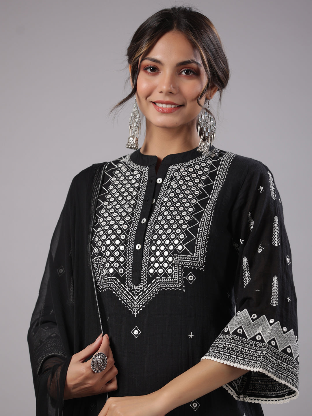 Juniper Women Black Cotton Dobby Embroidered Kurta, Pant & Dupatta Sets