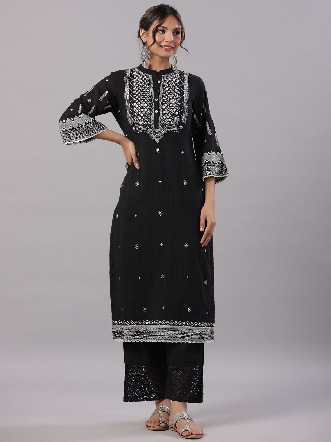 Juniper Women Black Cotton Dobby Embroidered Kurta, Pant & Dupatta Sets
