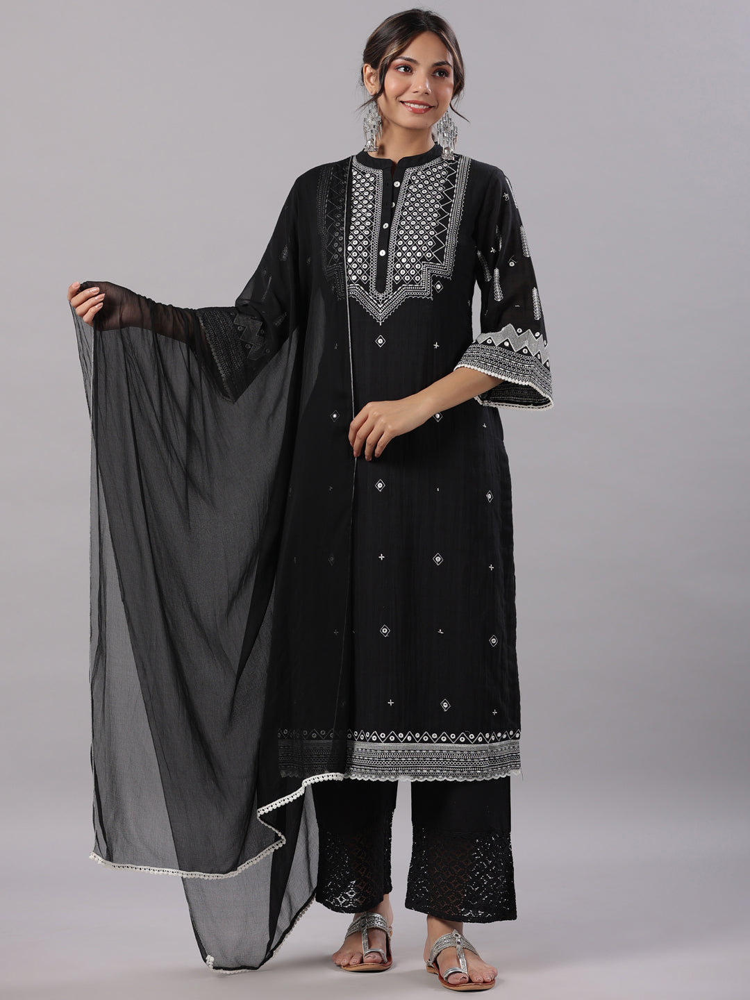 Juniper Women Black Cotton Dobby Embroidered Kurta, Pant & Dupatta Sets