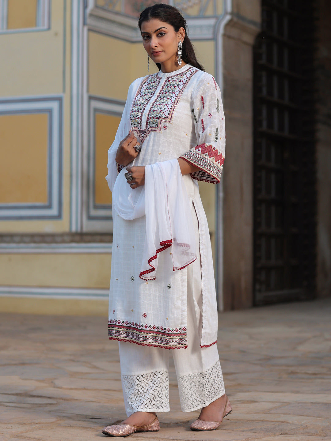 Juniper Women White Cotton Dobby Multi Color Embroidered Straight Kurta , Pant & Dupatta Set
