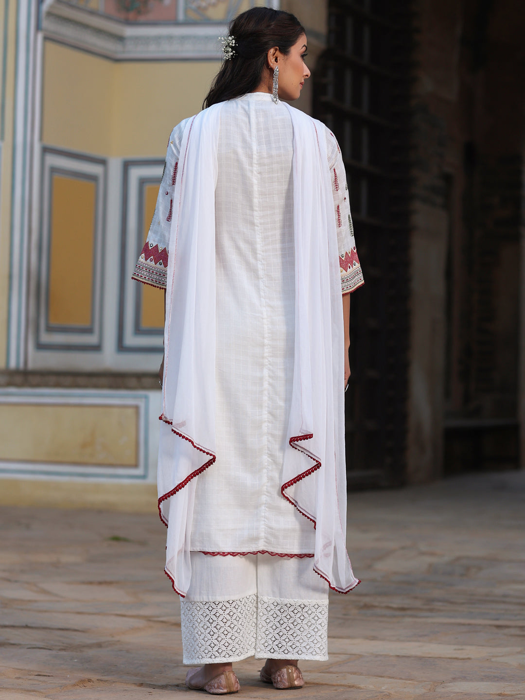 Juniper Women White Cotton Dobby Multi Color Embroidered Straight Kurta , Pant & Dupatta Set