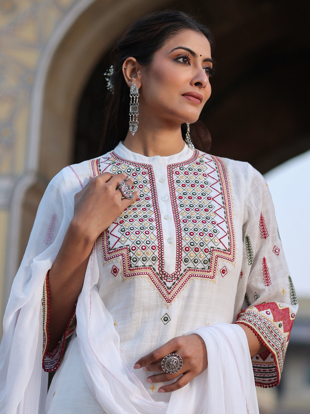 Juniper Women White Cotton Dobby Multi Color Embroidered Straight Kurta , Pant & Dupatta Set