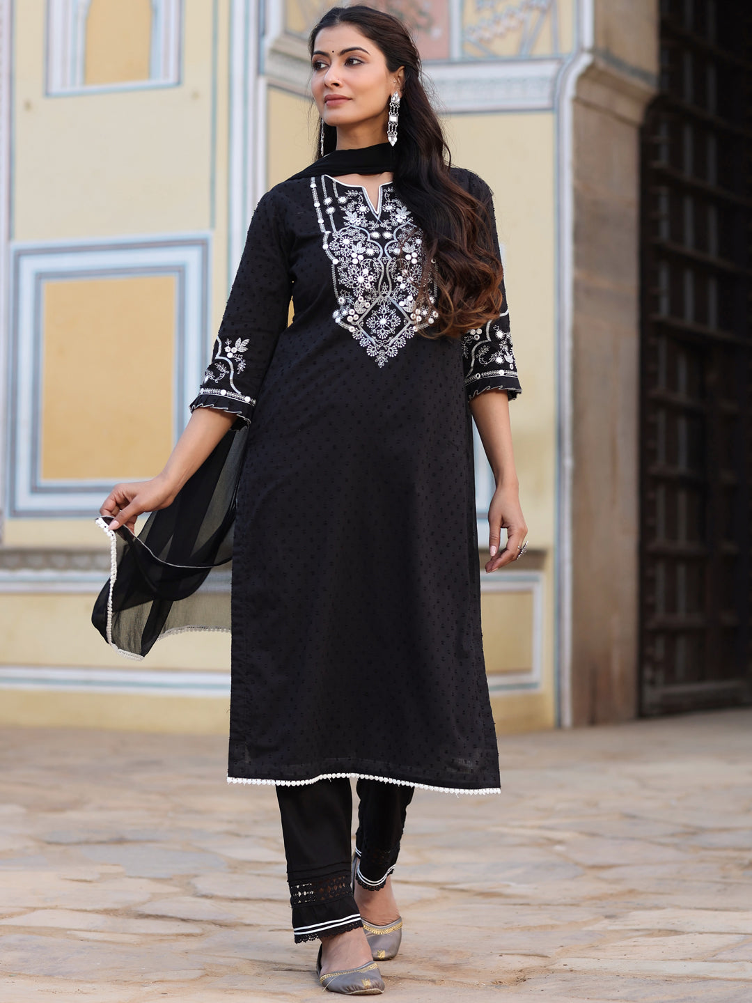 Juniper Women Black Cotton Dobby Embroidered Straight Kurta, Pant & Dupatta Set