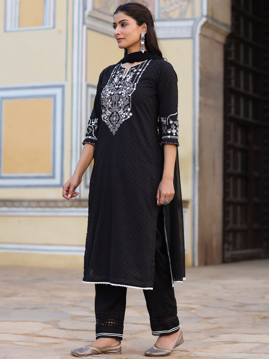 Juniper Women Black Cotton Dobby Embroidered Straight Kurta, Pant & Dupatta Set