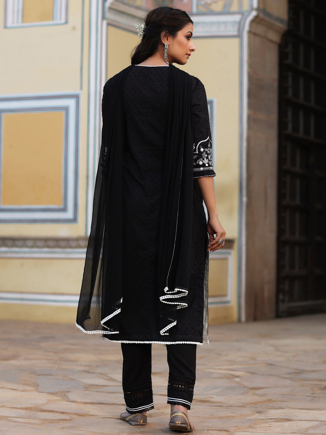 Juniper Women Black Cotton Dobby Embroidered Straight Kurta, Pant & Dupatta Set