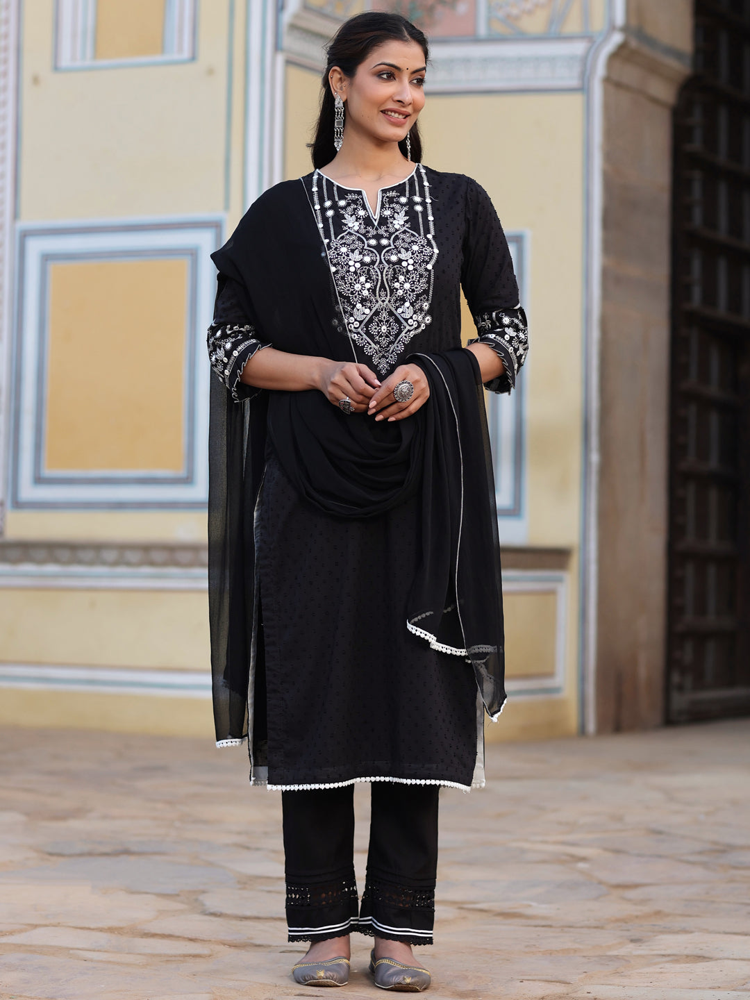 Juniper Women Black Cotton Dobby Embroidered Straight Kurta, Pant & Dupatta Set