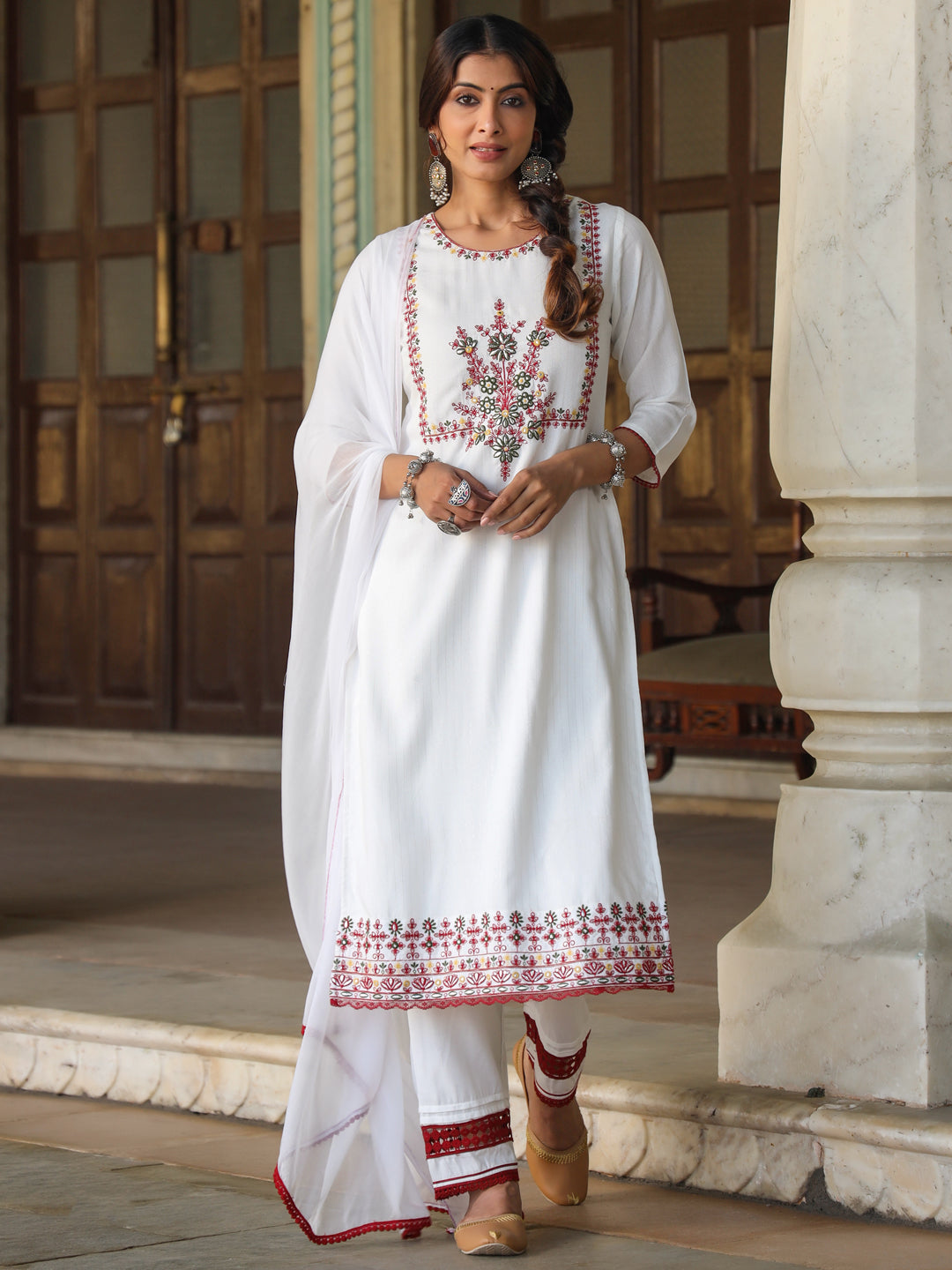 Juniper Women Multi-Coloured Rayon Lurex Embroidered Kurta, Pant & Dupatta Set