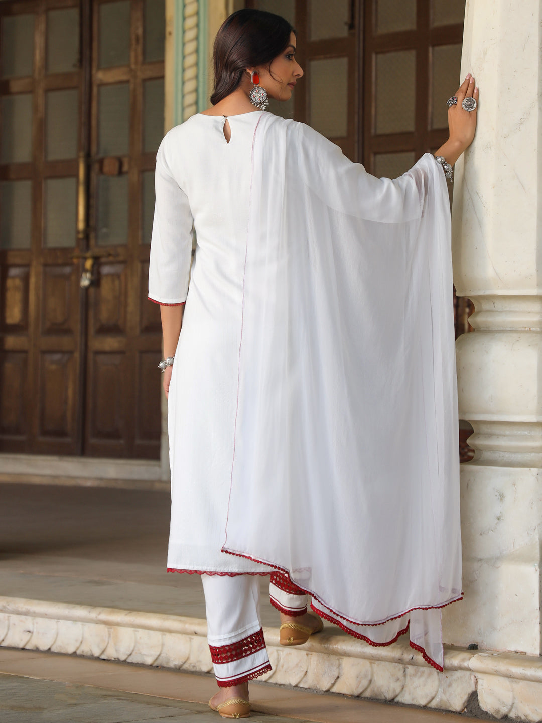 Juniper Women Multi-Coloured Rayon Lurex Embroidered Kurta, Pant & Dupatta Set