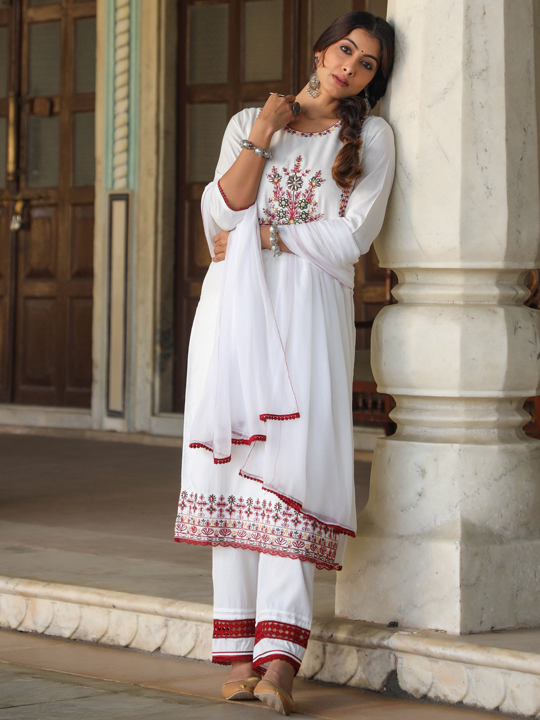 Juniper Women Multi-Coloured Rayon Lurex Embroidered Kurta, Pant & Dupatta Set