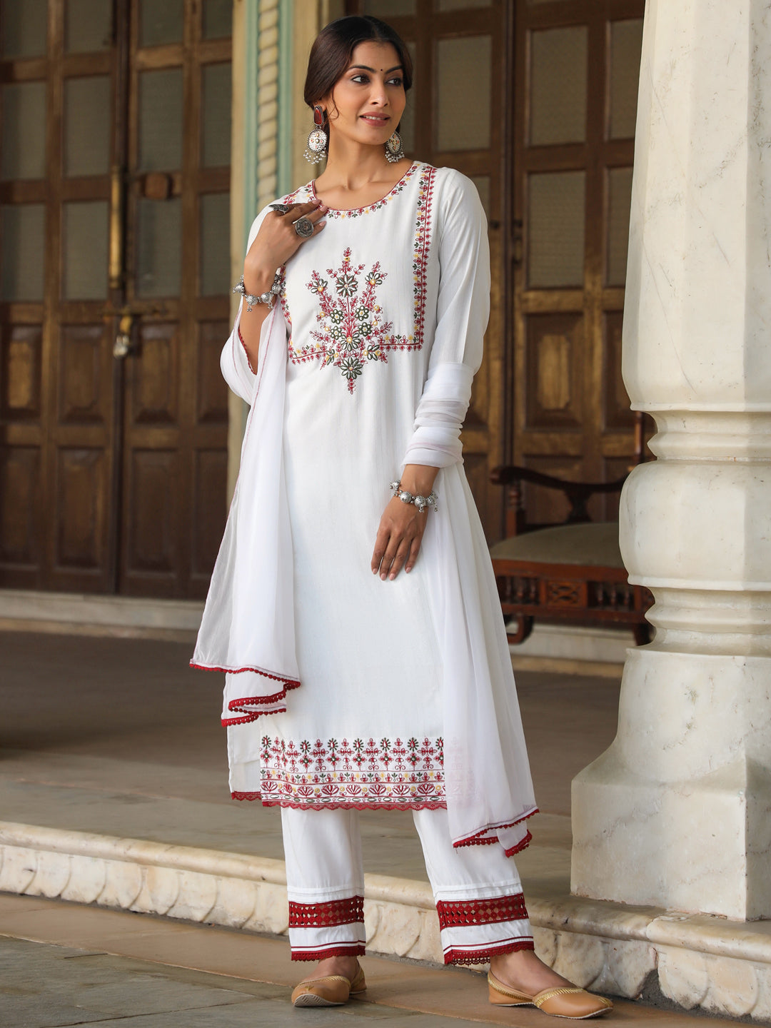 Juniper Women Multi-Coloured Rayon Lurex Embroidered Kurta, Pant & Dupatta Set