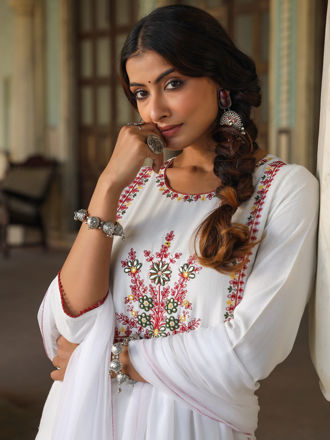 Juniper Women Multi-Coloured Rayon Lurex Embroidered Kurta, Pant & Dupatta Set