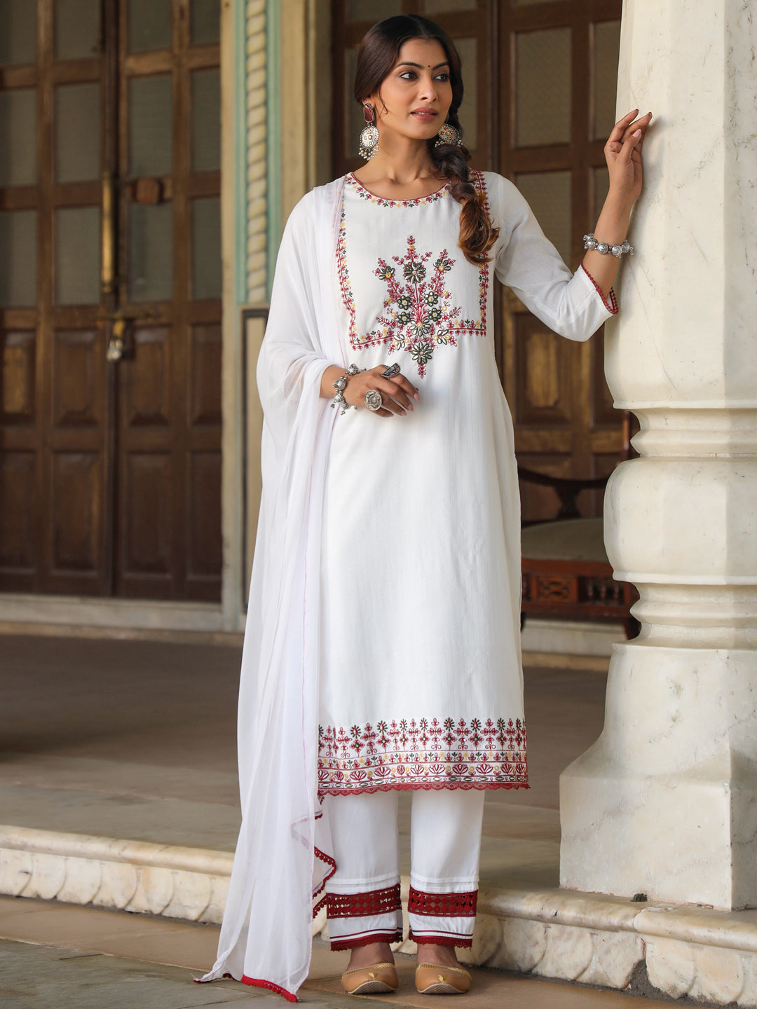 Juniper Women Multi-Coloured Rayon Lurex Embroidered Kurta, Pant & Dupatta Set