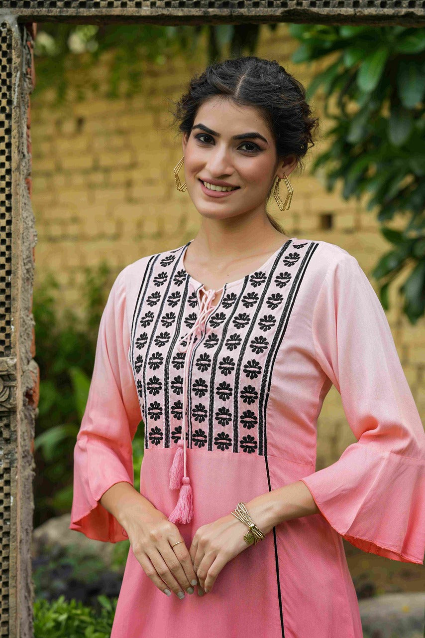 Peach Rayon embroidered ombre kurta