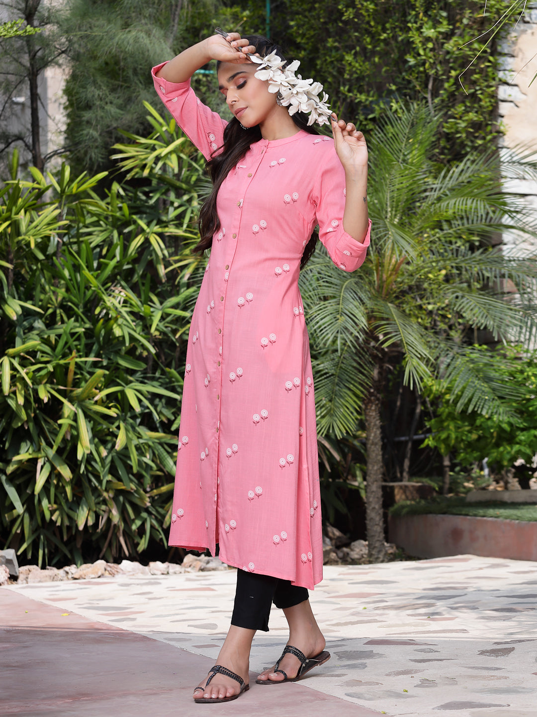 Juniper Women'S Pink LIVA Printed A-Line Kurta