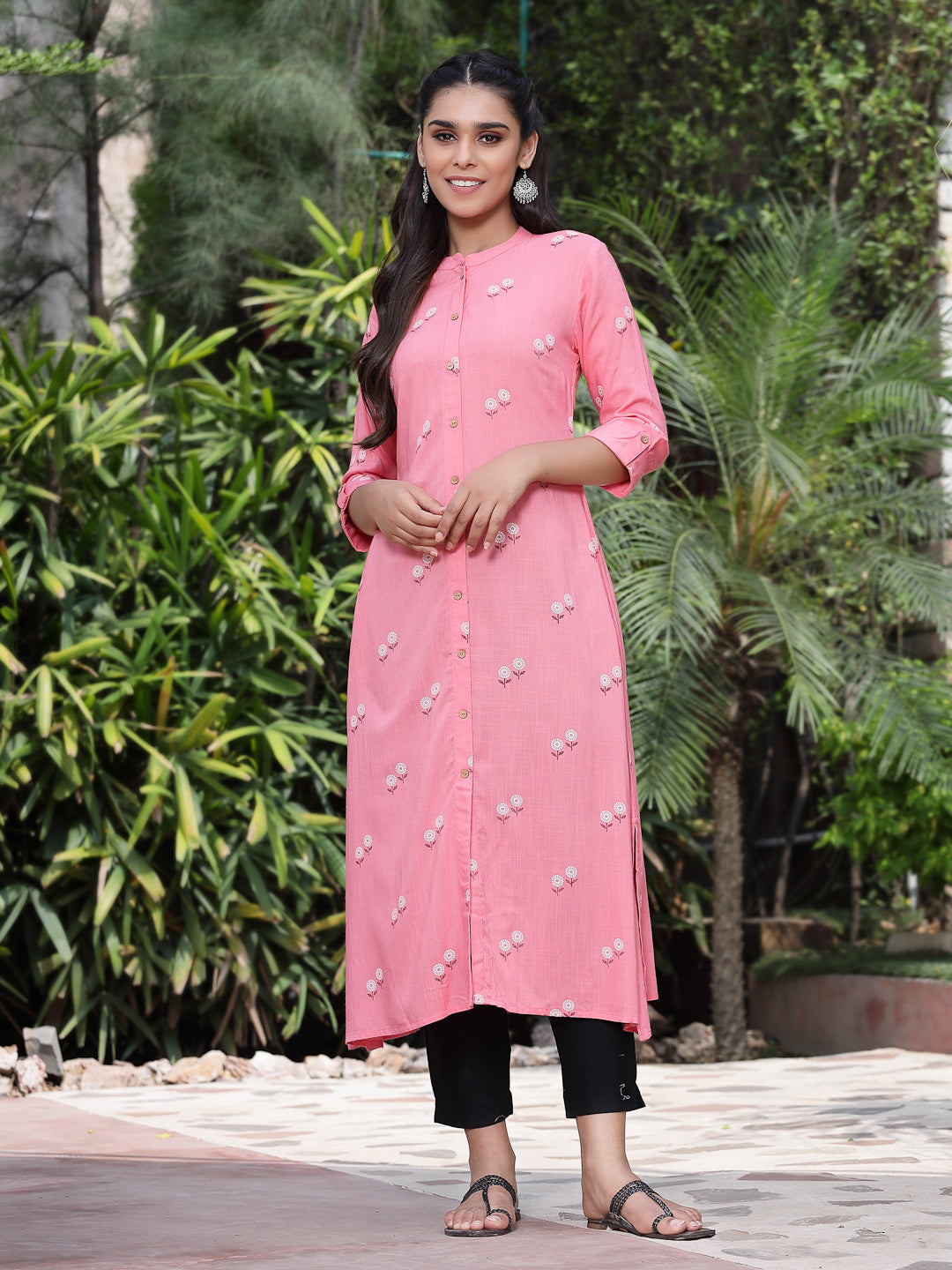 Juniper Women'S Pink LIVA Printed A-Line Kurta