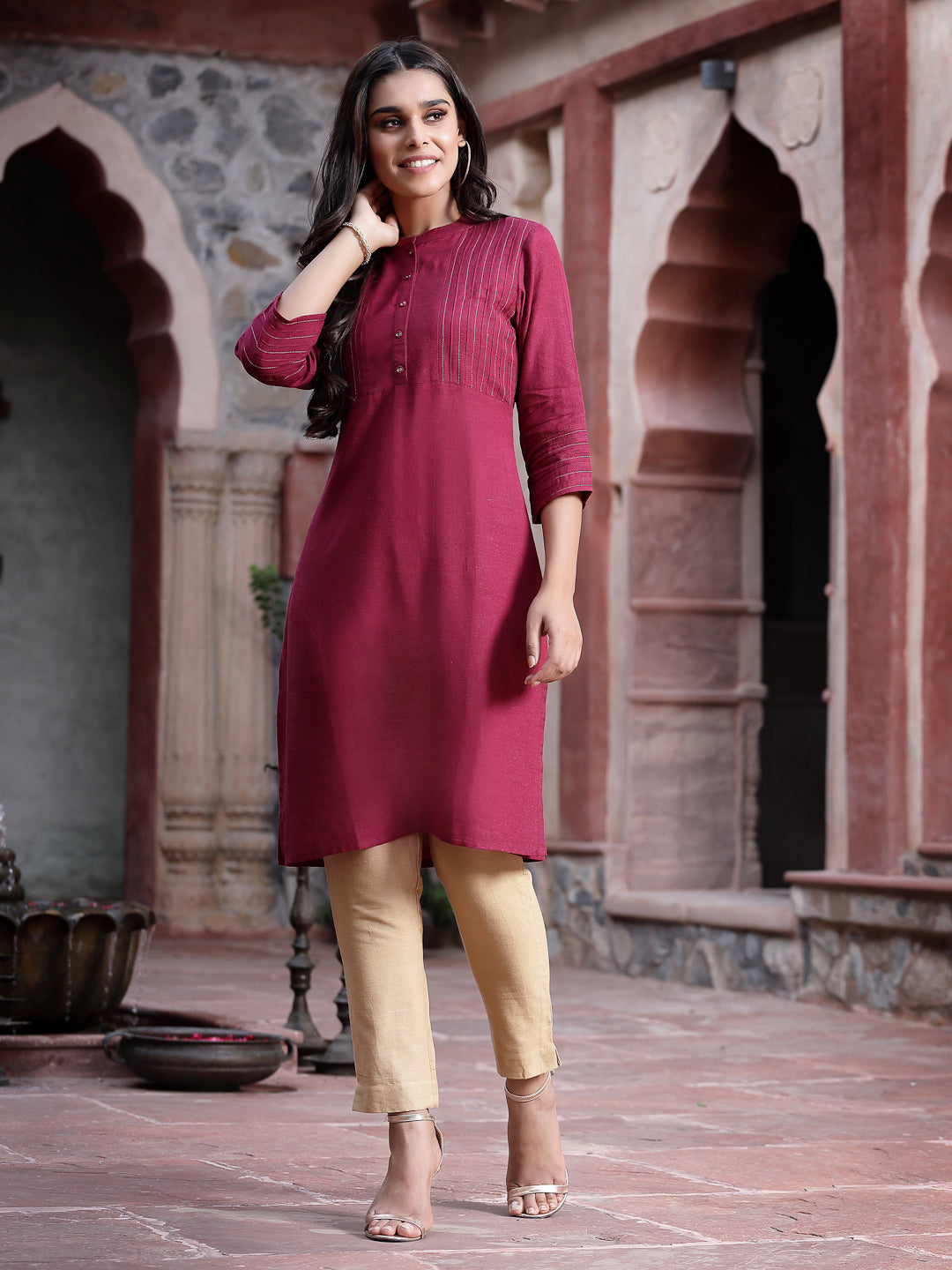 Juniper Women's Wine Rayon Solid Straight Kurta