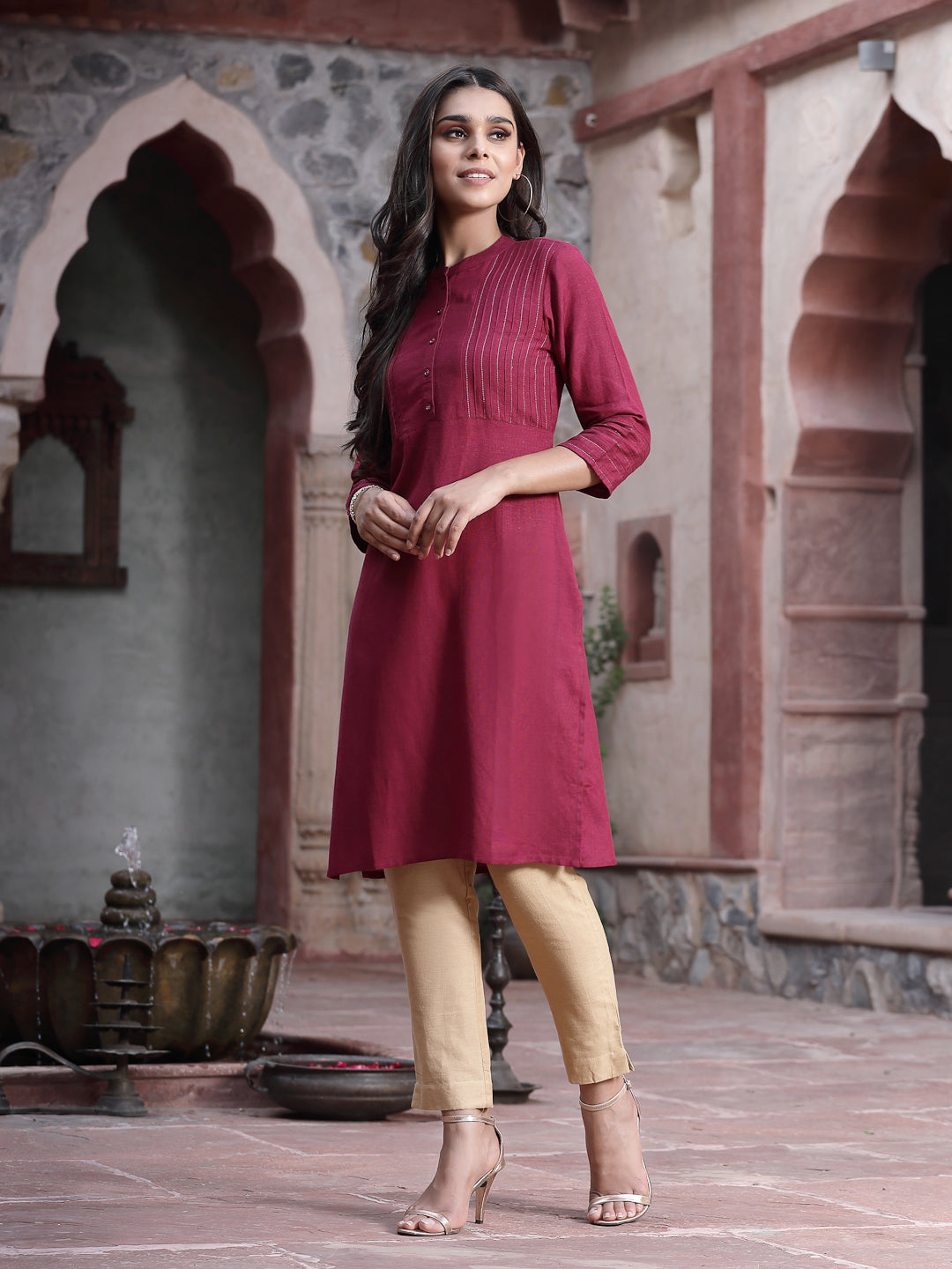Juniper Women's Wine Rayon Solid Straight Kurta