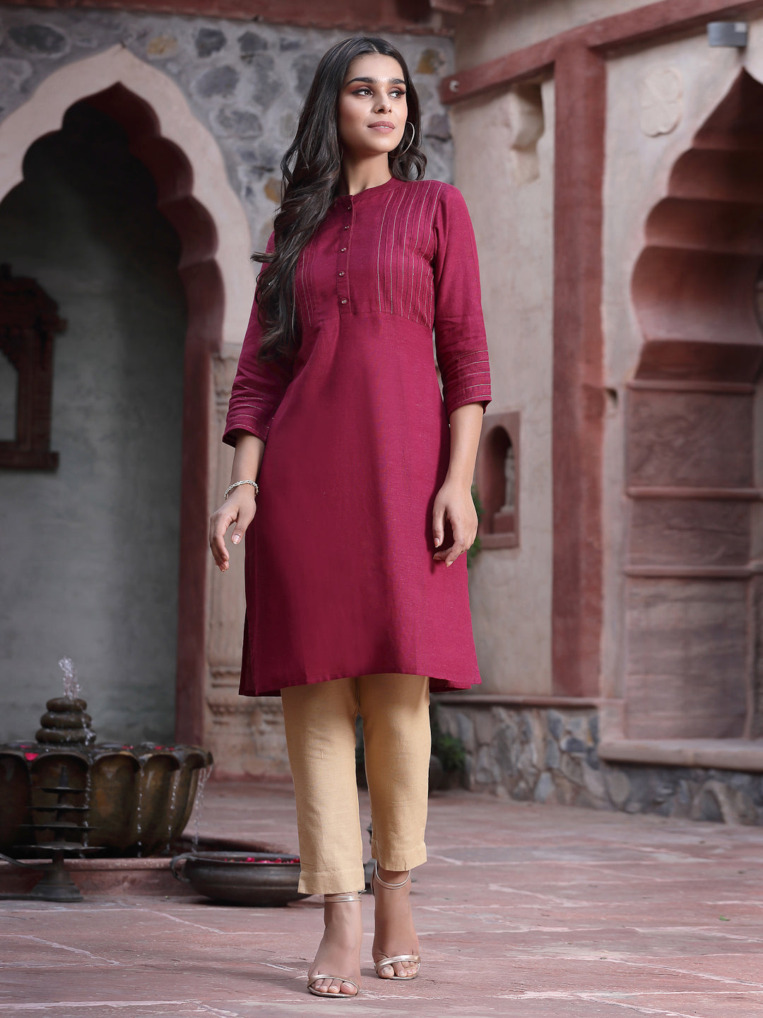 Juniper Women's Wine Rayon Solid Straight Kurta