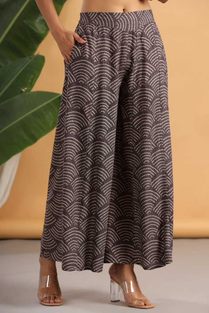 Juniper Grey Ethnic Motif Printed Rayon Flared & Kalidar Palazzo