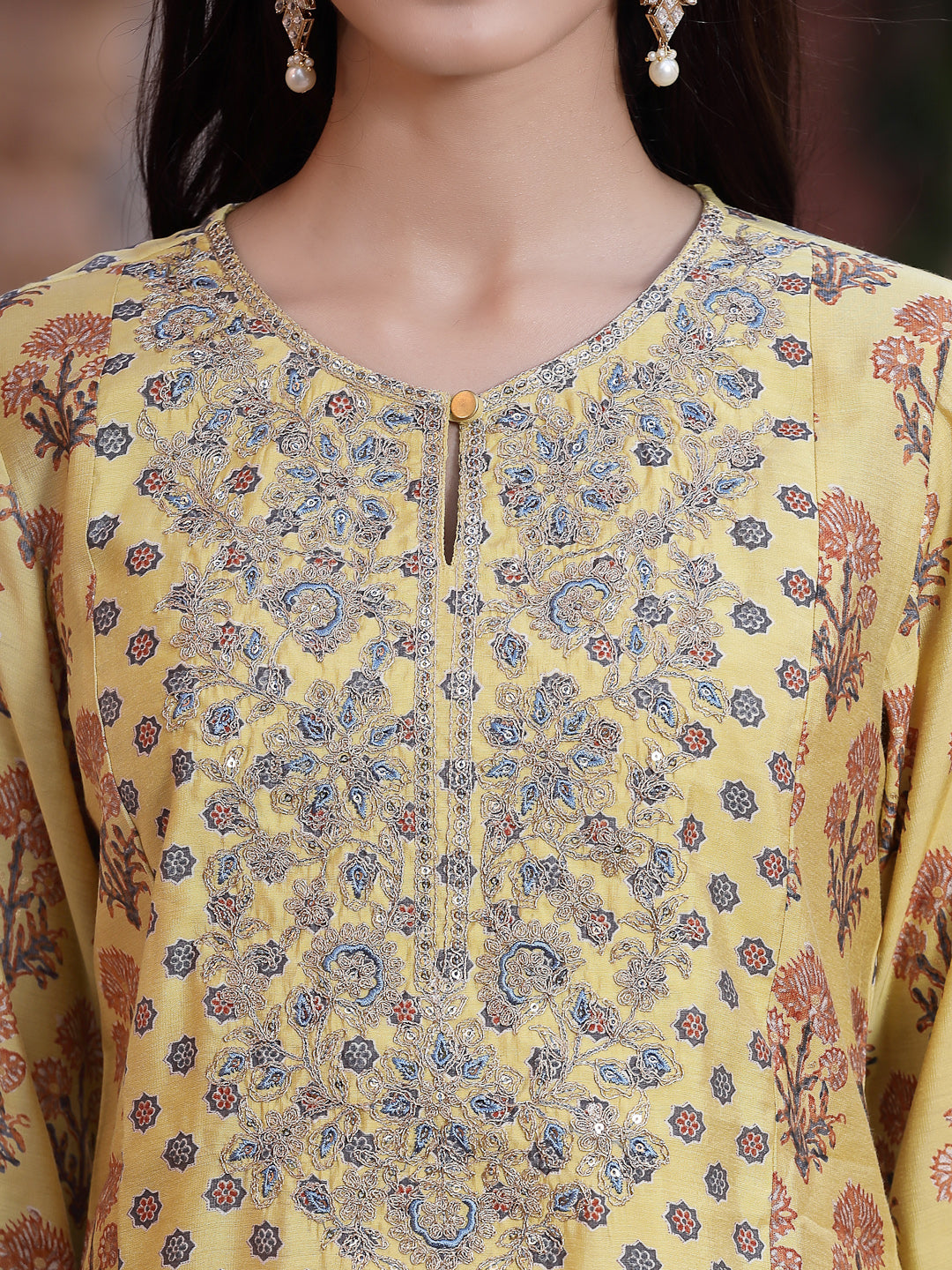 Juniper Women's Mustard Muslin Embroidered Straight Kurta Sets