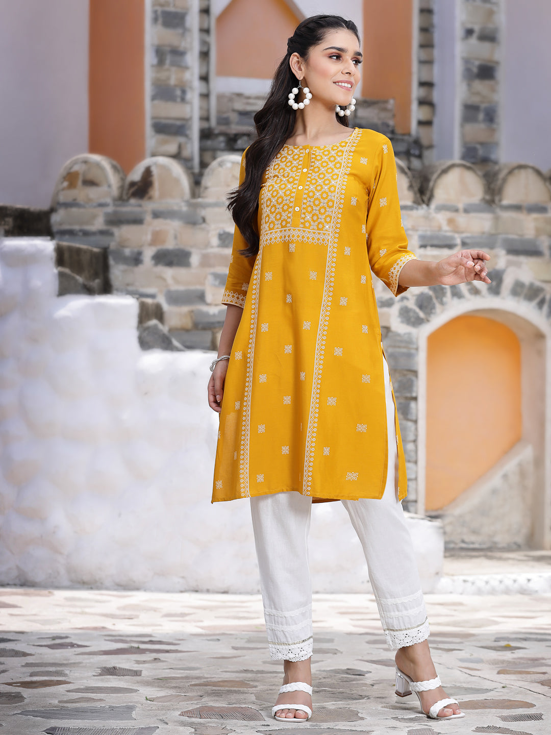 Juniper Women's Mustard LIVA Placement Print Straight Kurta