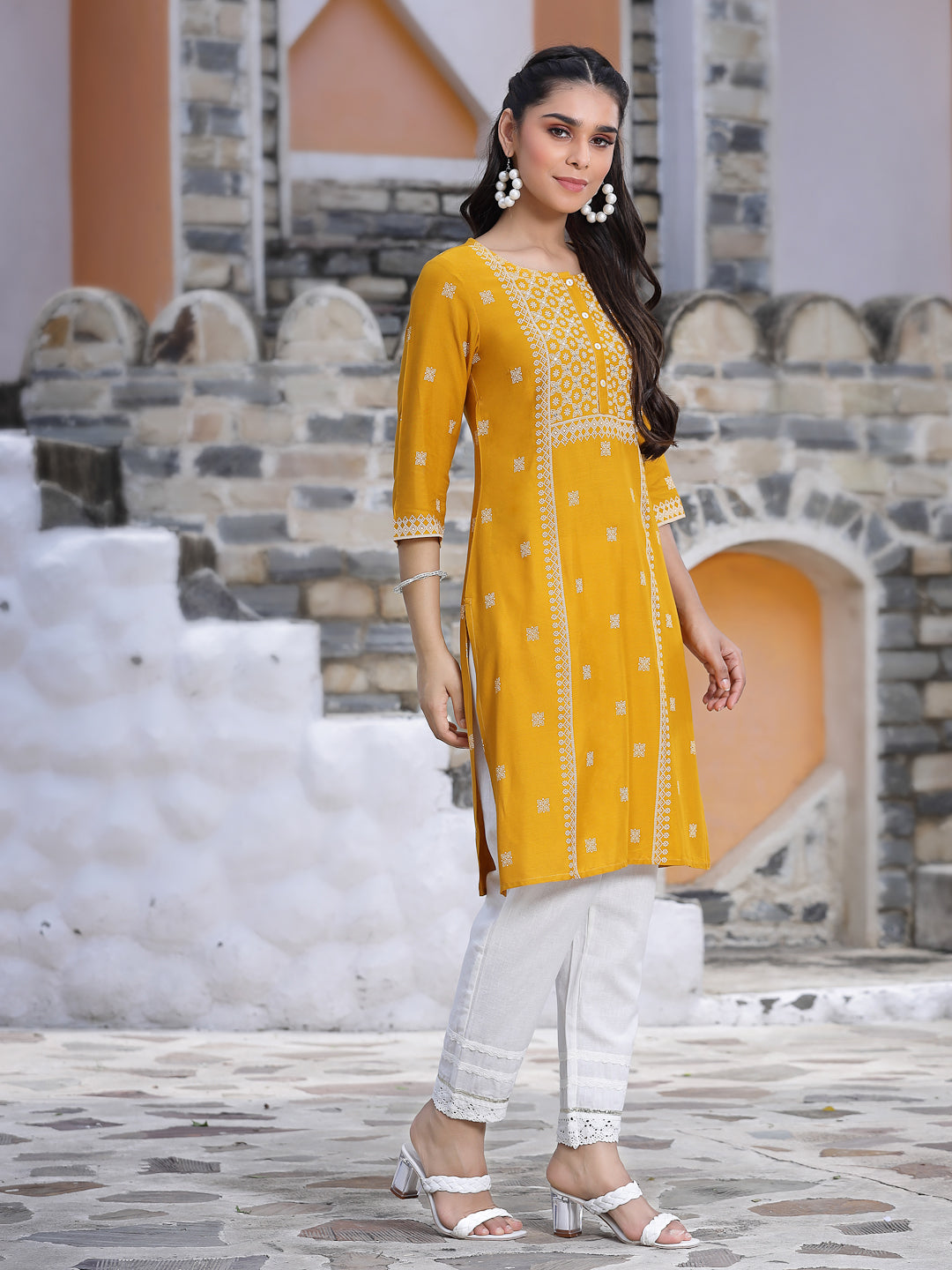 Juniper Women's Mustard LIVA Placement Print Straight Kurta