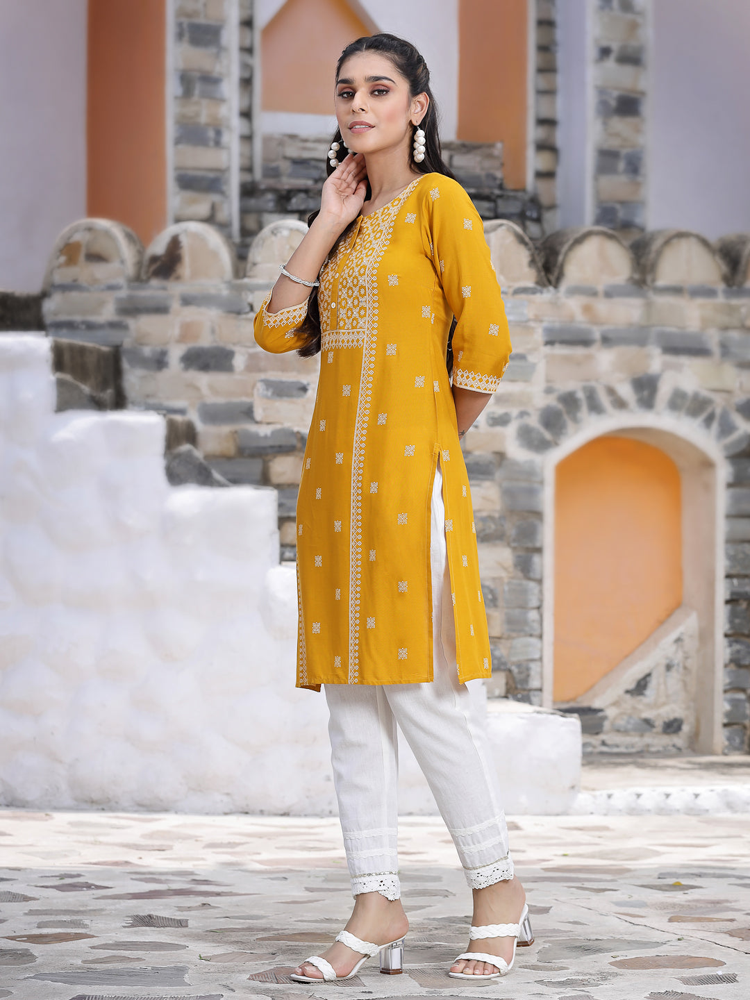 Juniper Women's Mustard LIVA Placement Print Straight Kurta