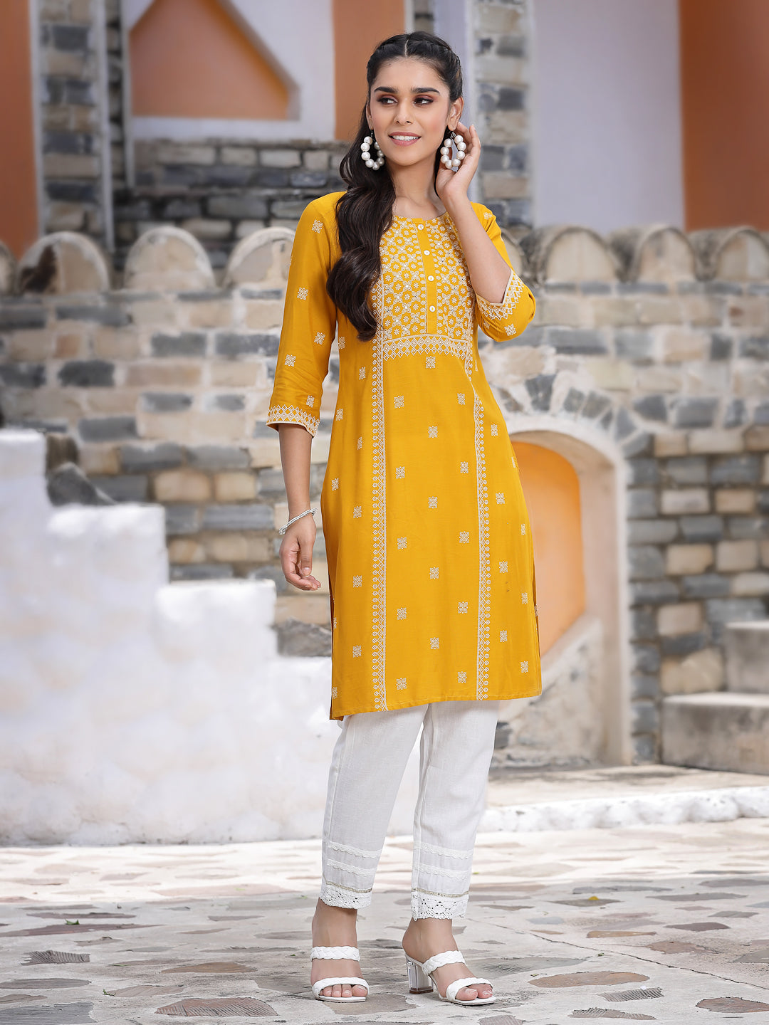 Juniper Women's Mustard LIVA Placement Print Straight Kurta
